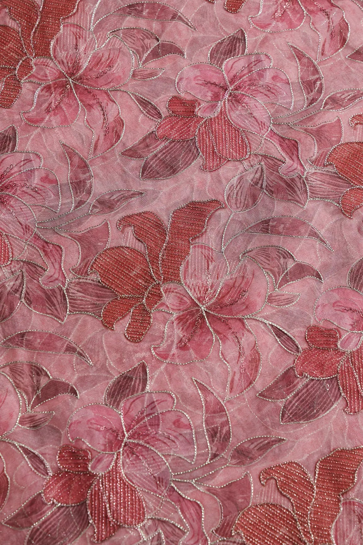 Floral Positional Print On Sequins With Zari Embroidery On Gajri Organza Fabric