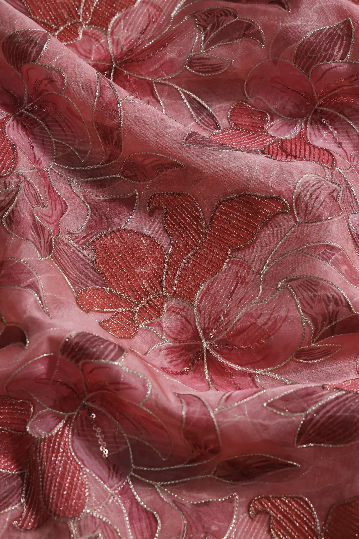 Floral Positional Print On Sequins With Zari Embroidery On Gajri Organza Fabric