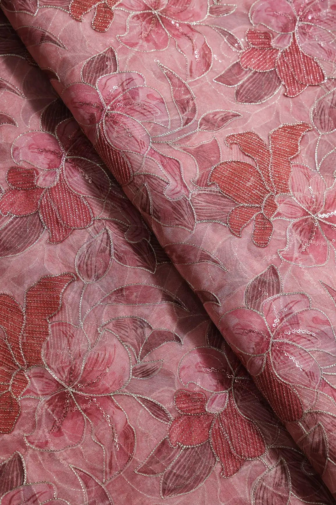 Floral Positional Print On Sequins With Zari Embroidery On Gajri Organza Fabric