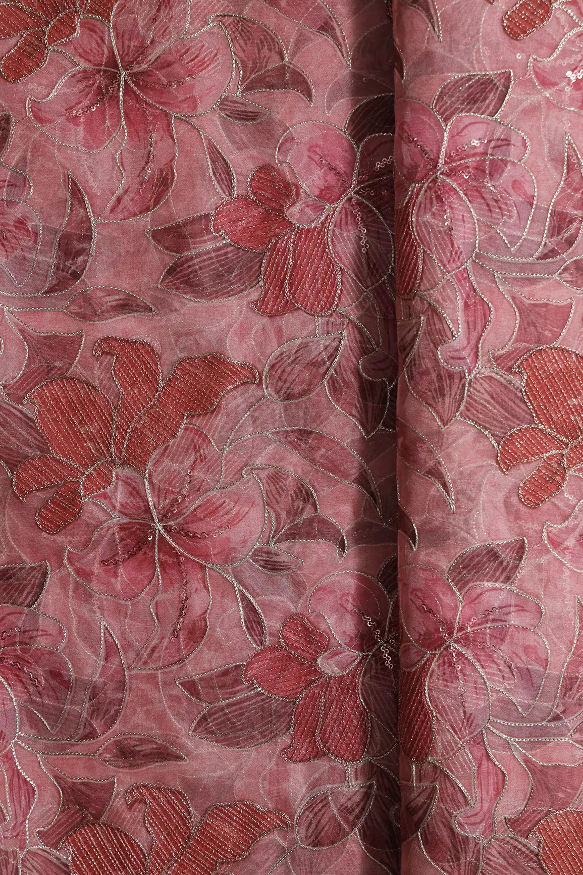 Floral Positional Print On Sequins With Zari Embroidery On Gajri Organza Fabric