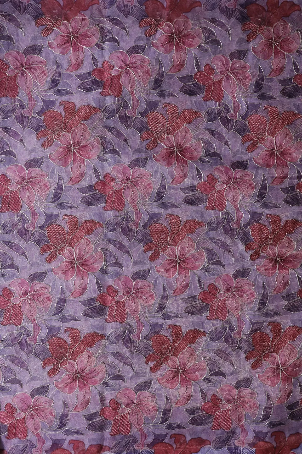 Floral Positional Print On Sequins With Zari Embroidery On Lilac Organza Fabric