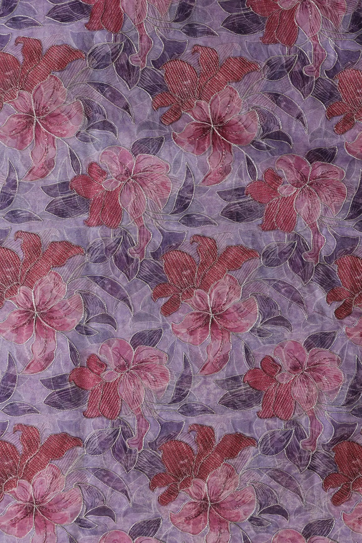 Floral Positional Print On Sequins With Zari Embroidery On Lilac Organza Fabric