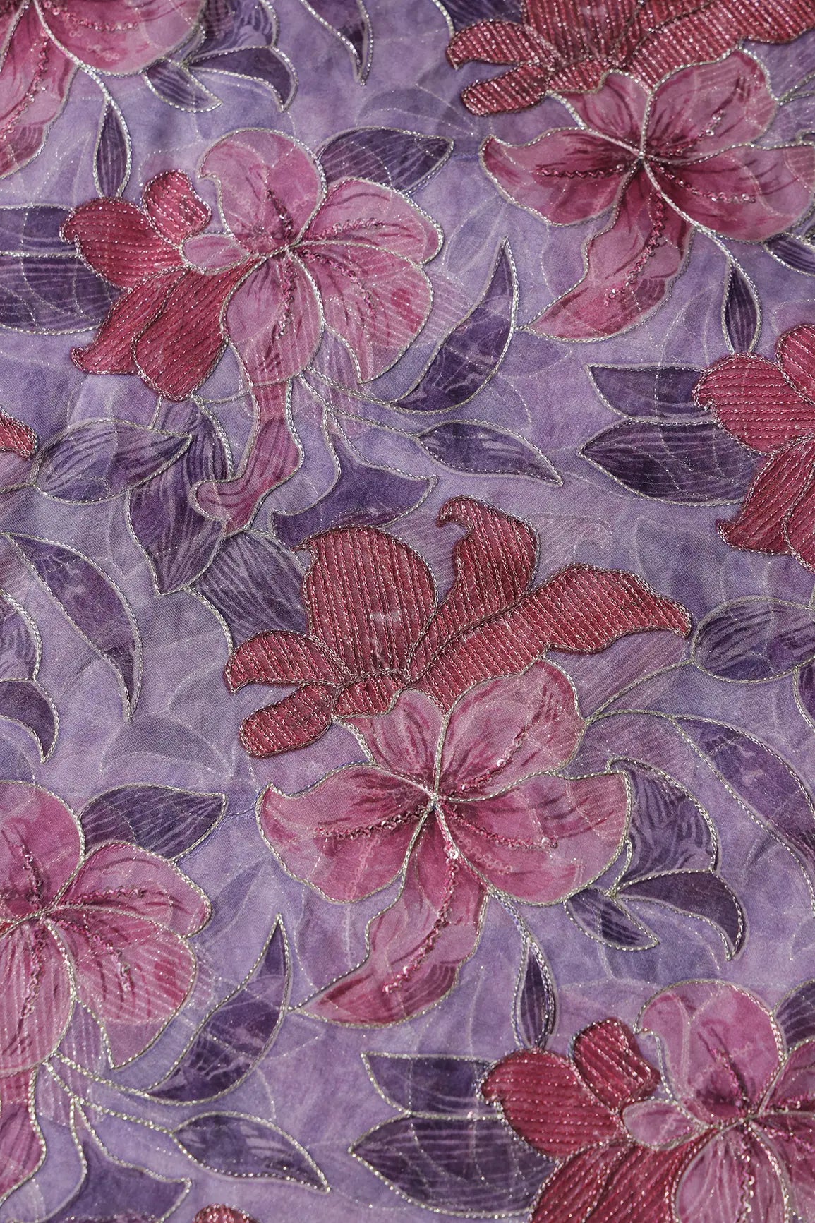 Floral Positional Print On Sequins With Zari Embroidery On Lilac Organza Fabric