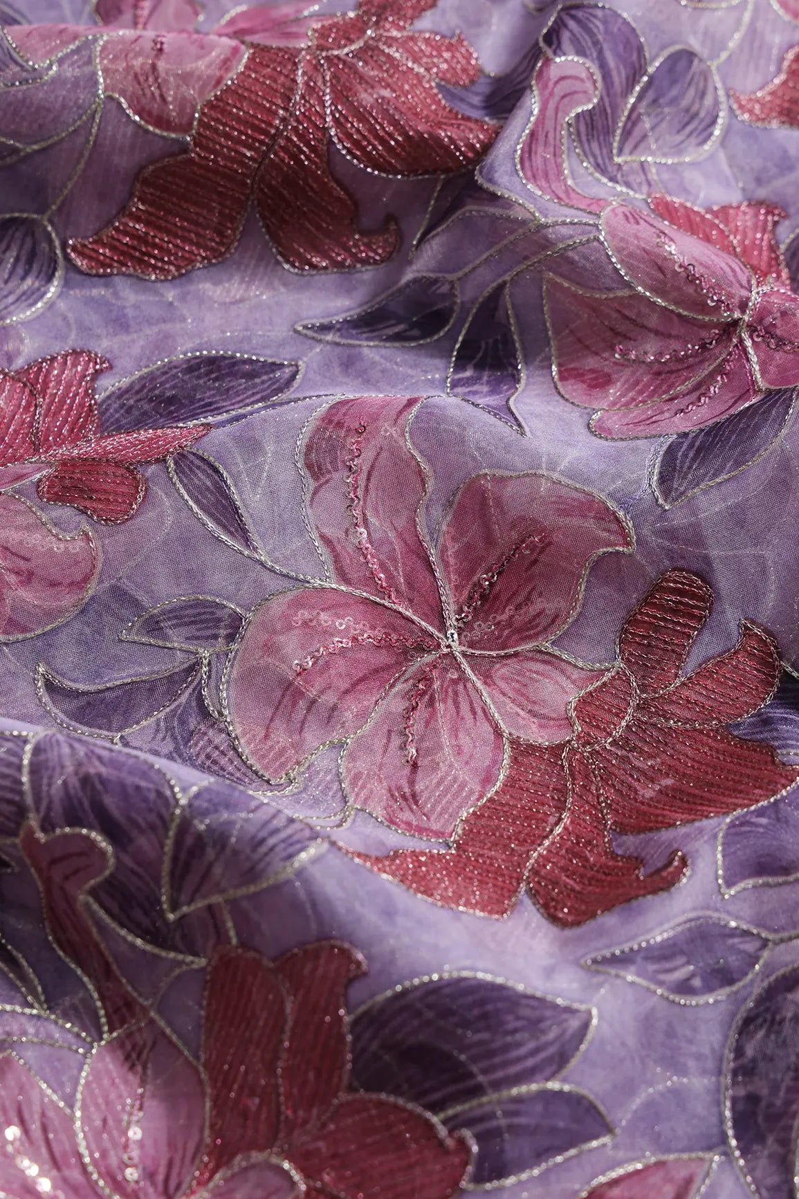 Floral Positional Print On Sequins With Zari Embroidery On Lilac Organza Fabric