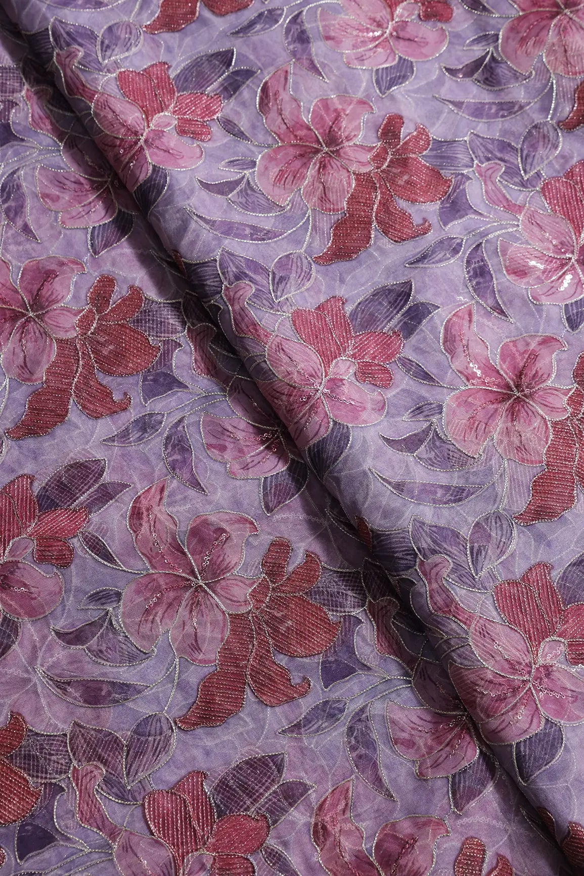 Floral Positional Print On Sequins With Zari Embroidery On Lilac Organza Fabric