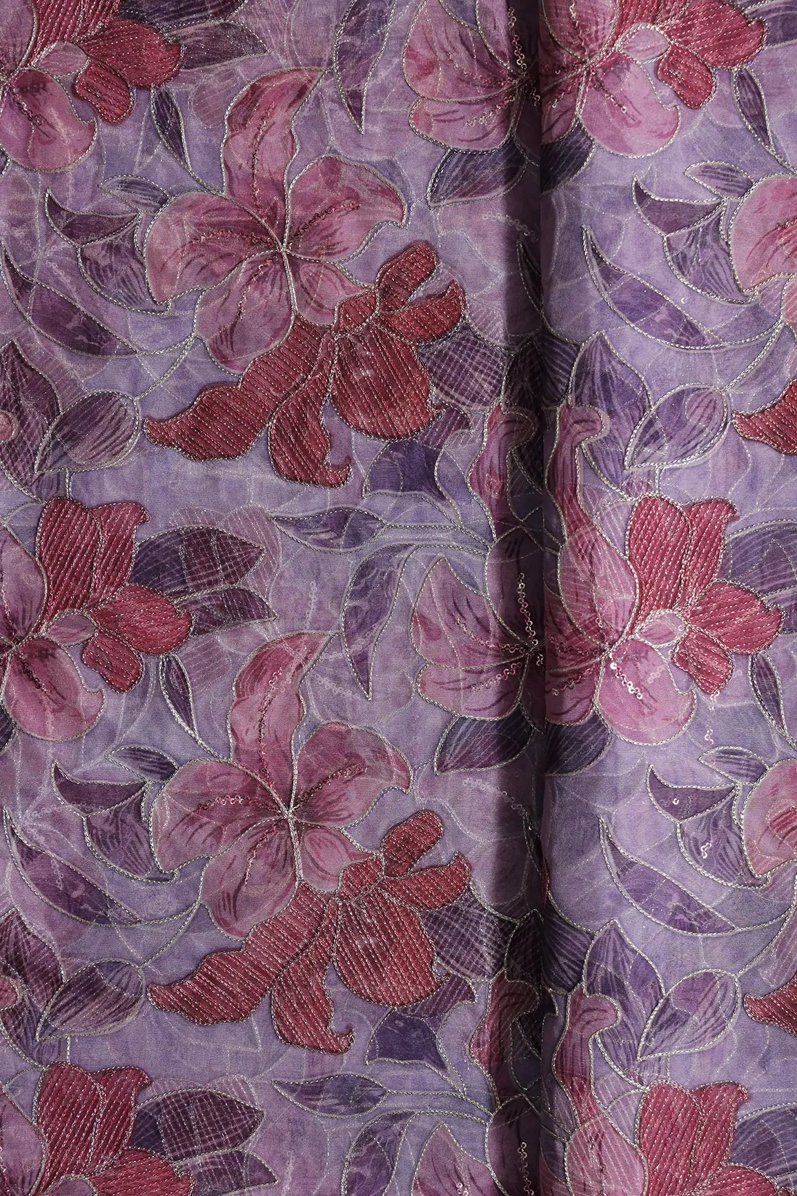 Floral Positional Print On Sequins With Zari Embroidery On Lilac Organza Fabric