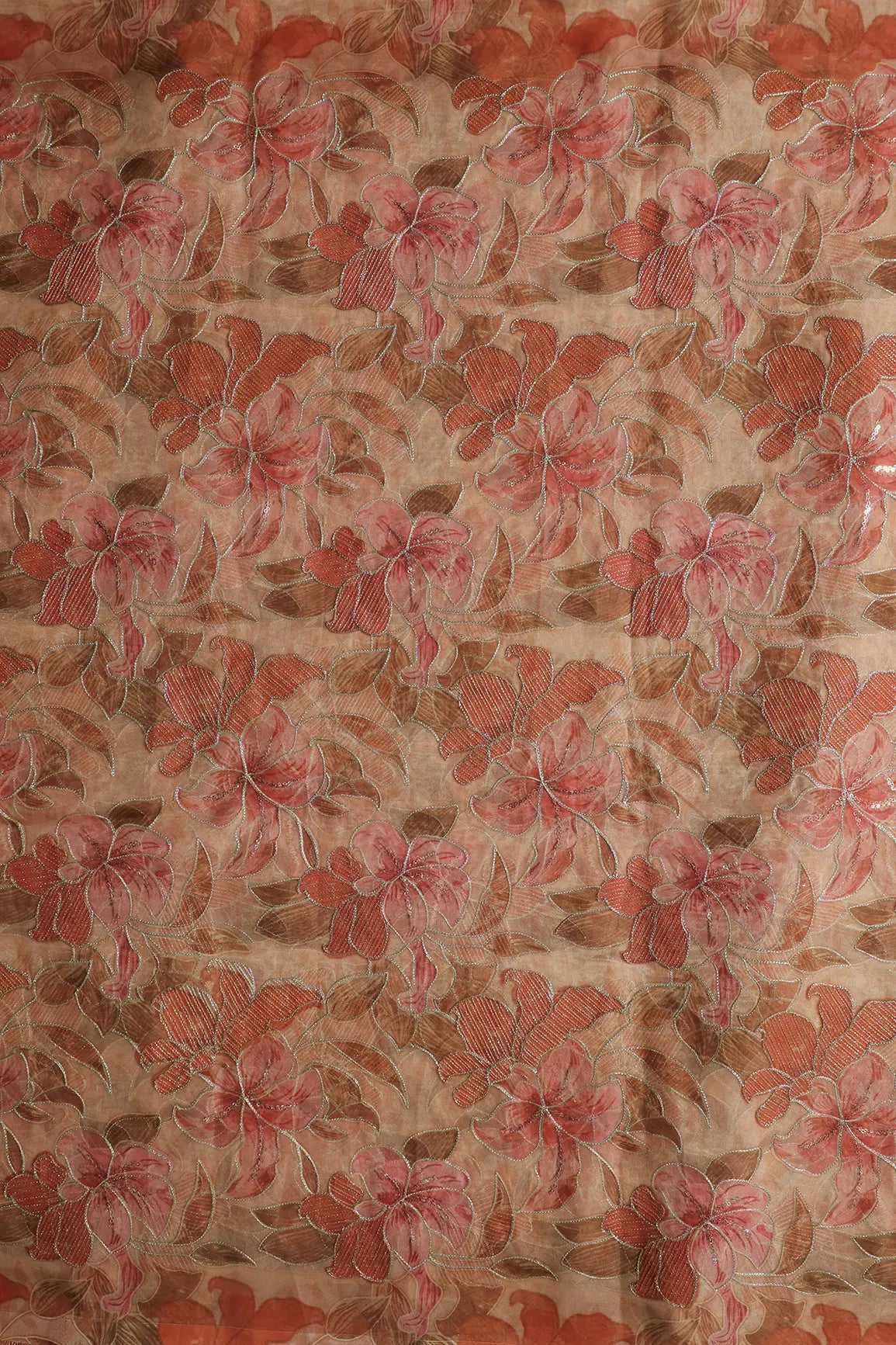 Floral Positional Print On Sequins With Zari Embroidery On Beige Organza Fabric