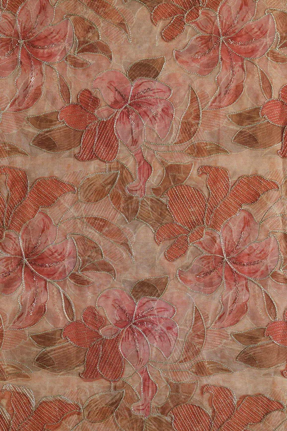 Floral Positional Print On Sequins With Zari Embroidery On Beige Organza Fabric