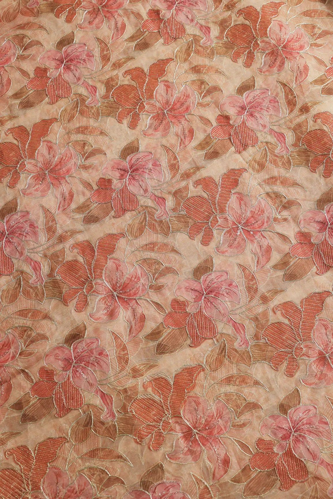 Floral Positional Print On Sequins With Zari Embroidery On Beige Organza Fabric