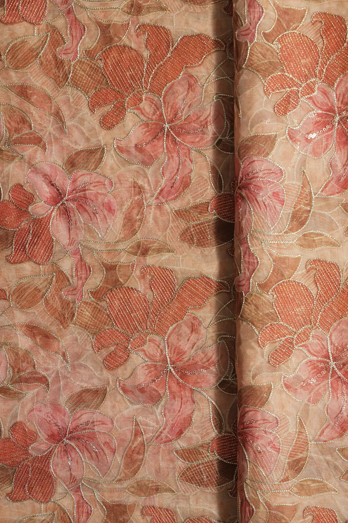 Floral Positional Print On Sequins With Zari Embroidery On Beige Organza Fabric