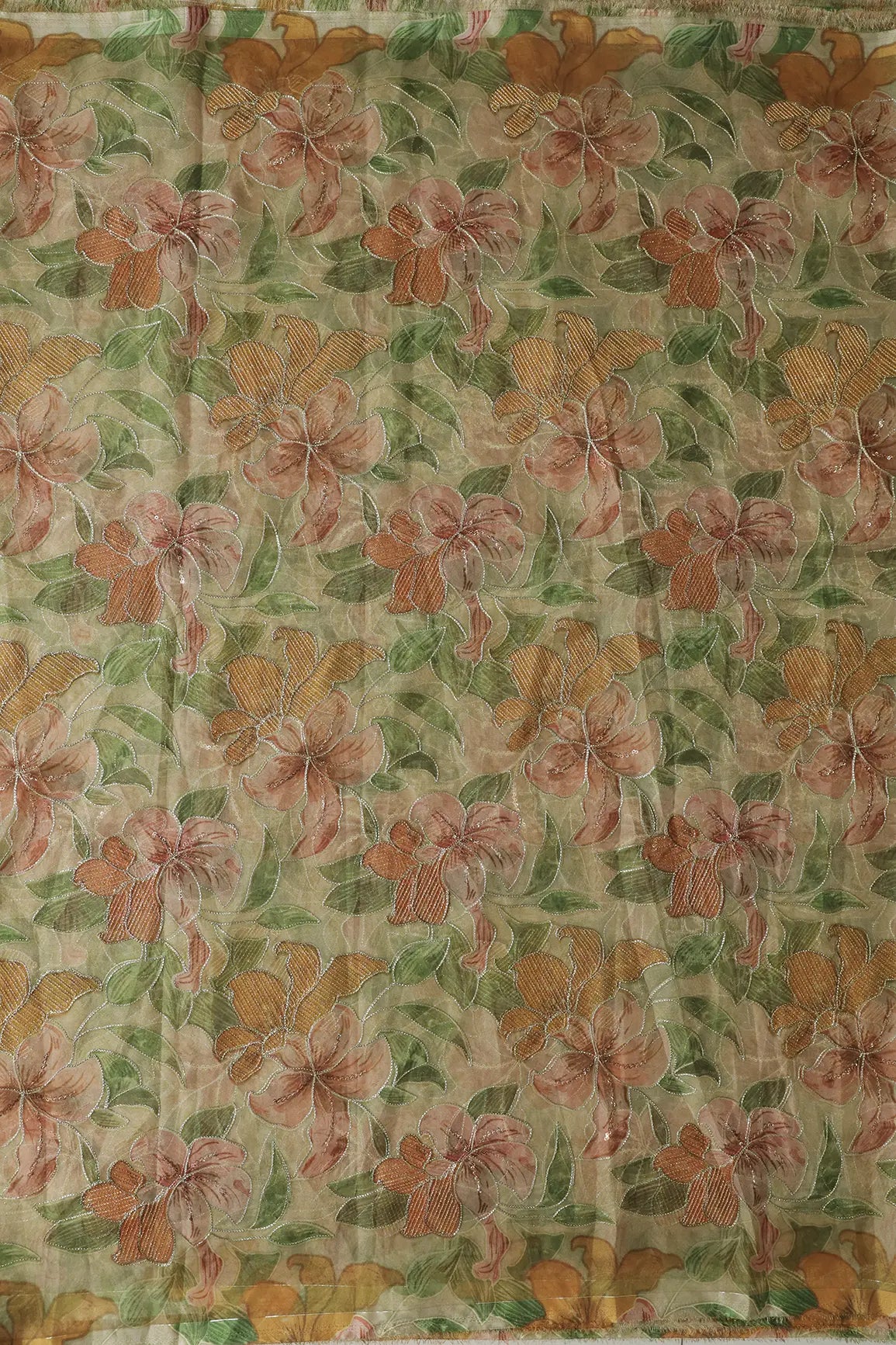 Floral Positional Print On Sequins With Zari Embroidery On Light Olive Organza Fabric