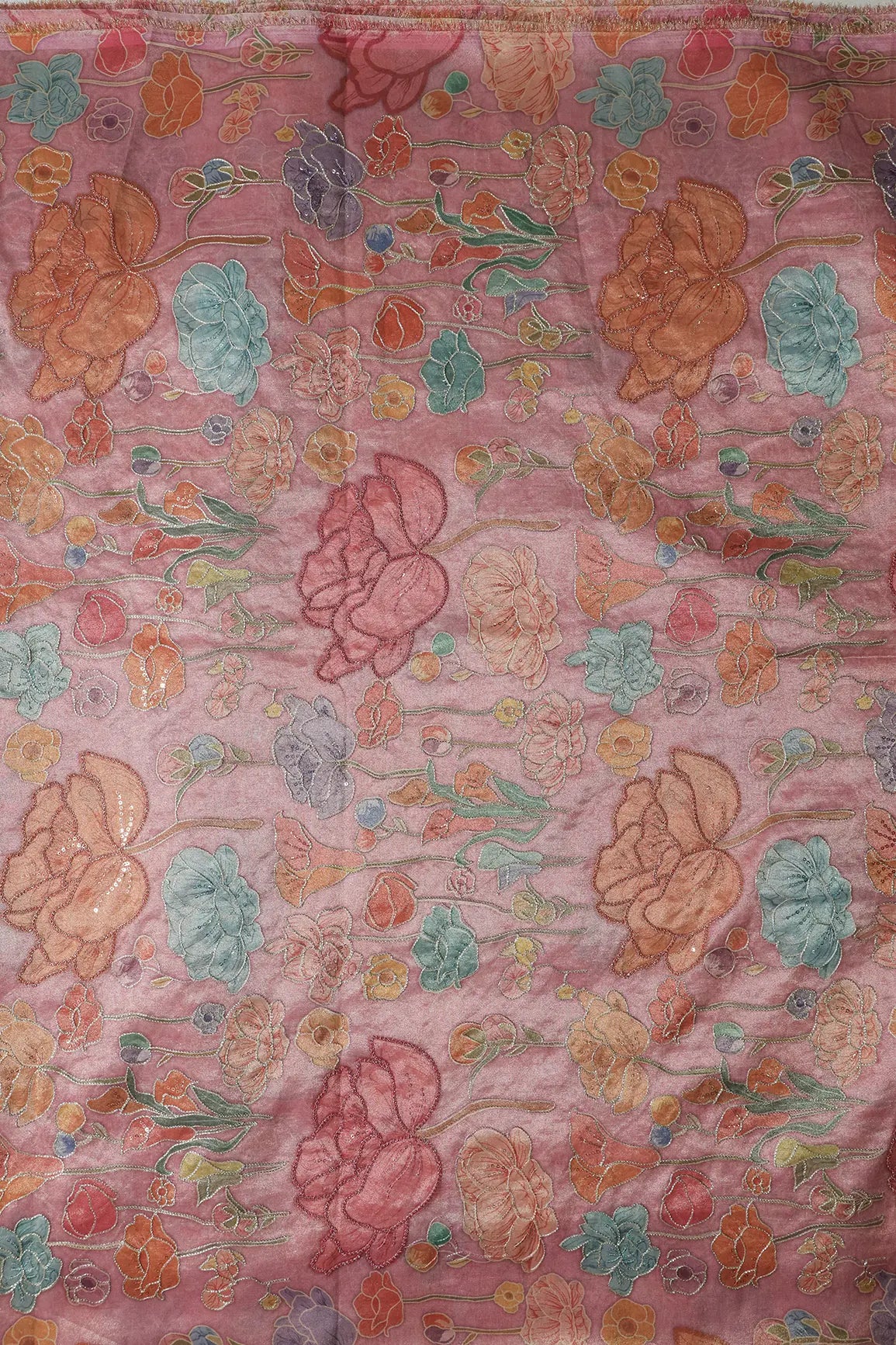 Floral Positional Print On Sequins With Zari Embroidery On Pastel Pink Zari Tissue Fabric