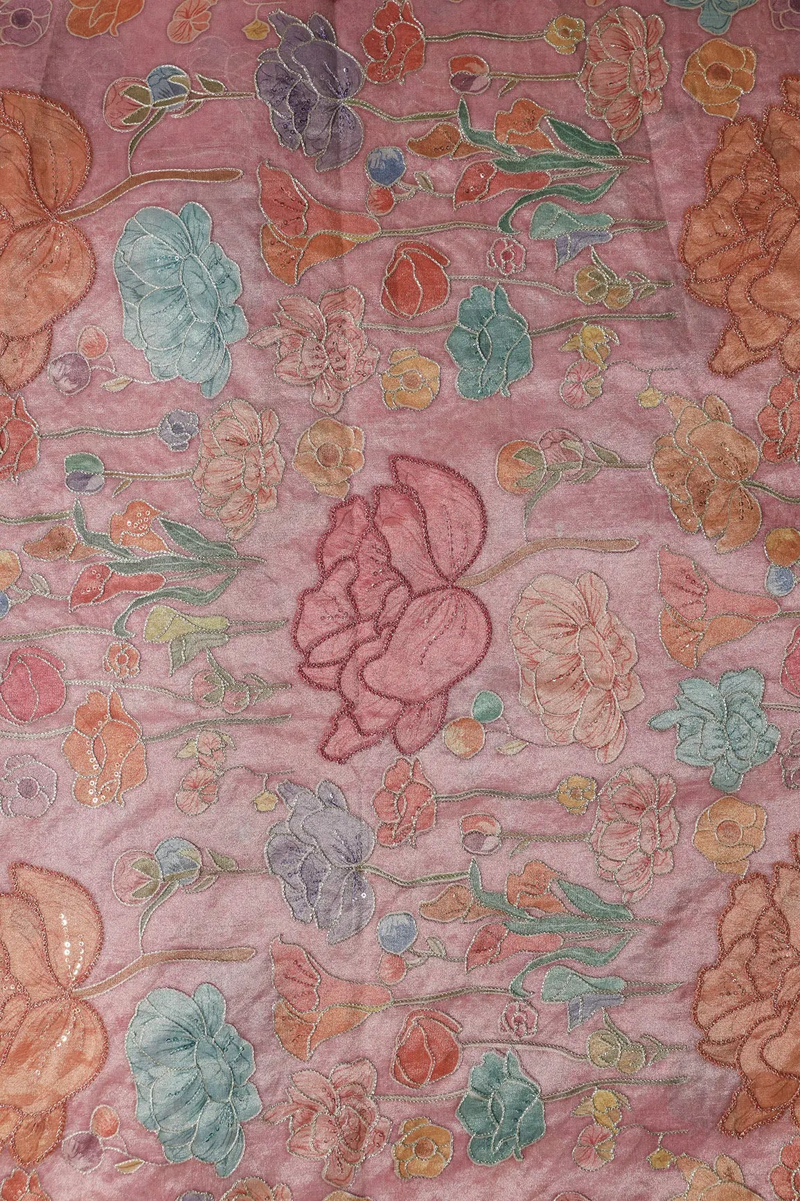 Floral Positional Print On Sequins With Zari Embroidery On Pastel Pink Zari Tissue Fabric
