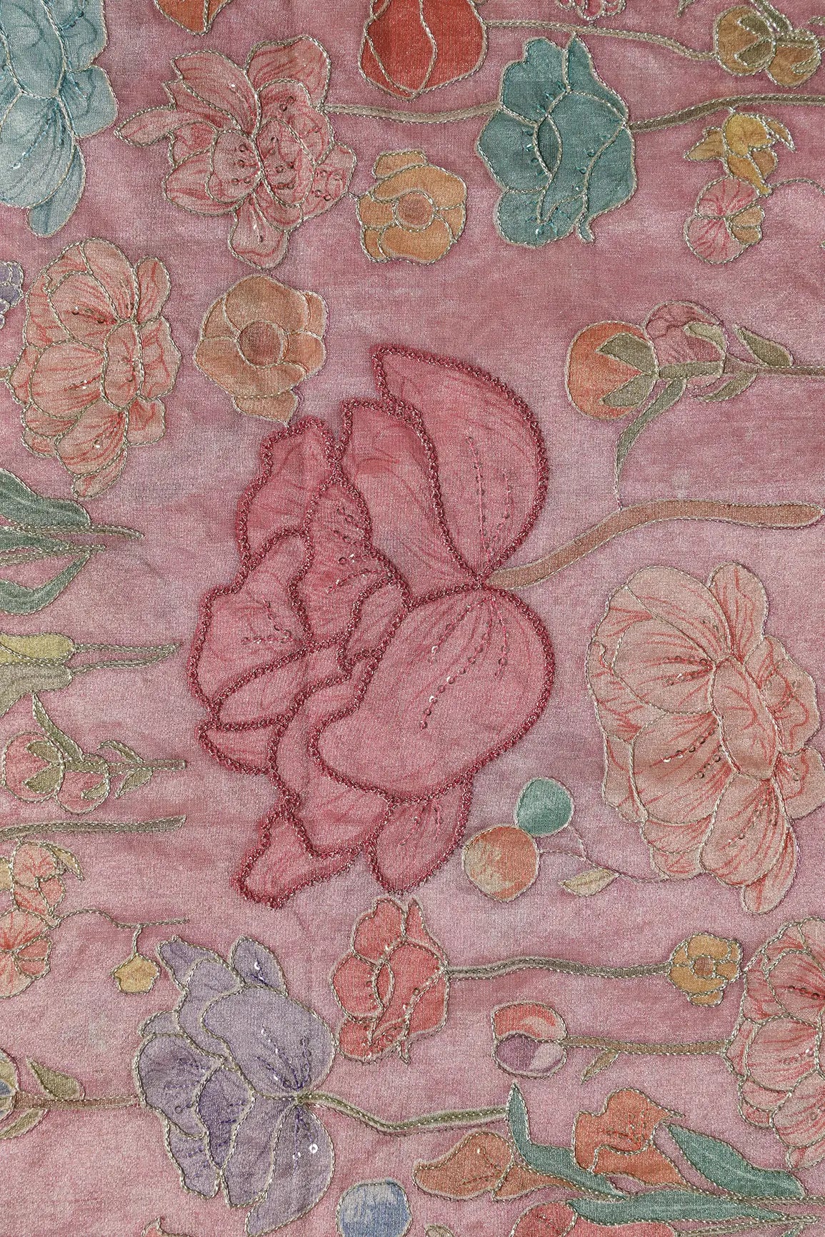 Floral Positional Print On Sequins With Zari Embroidery On Pastel Pink Zari Tissue Fabric