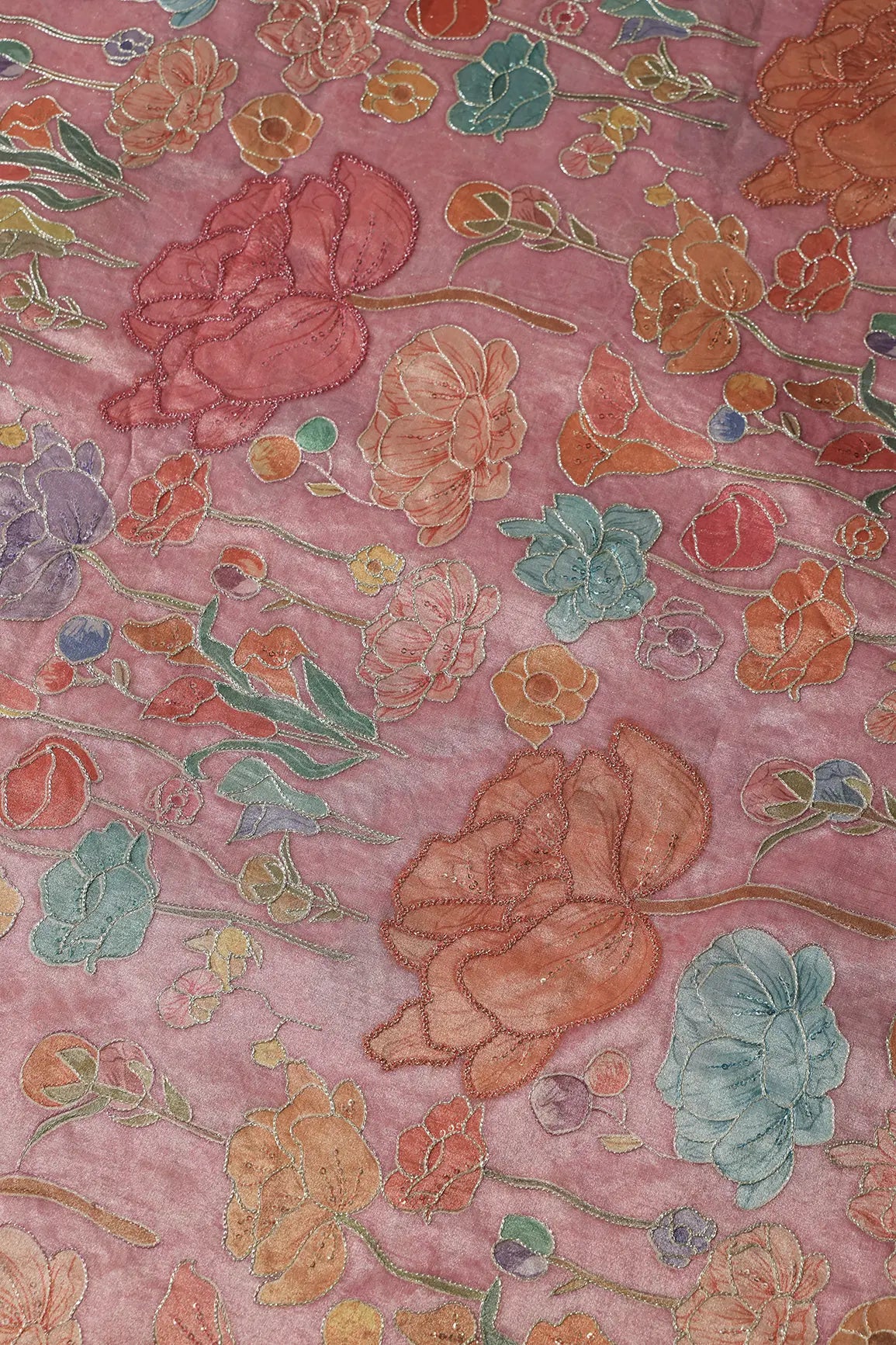 Floral Positional Print On Sequins With Zari Embroidery On Pastel Pink Zari Tissue Fabric