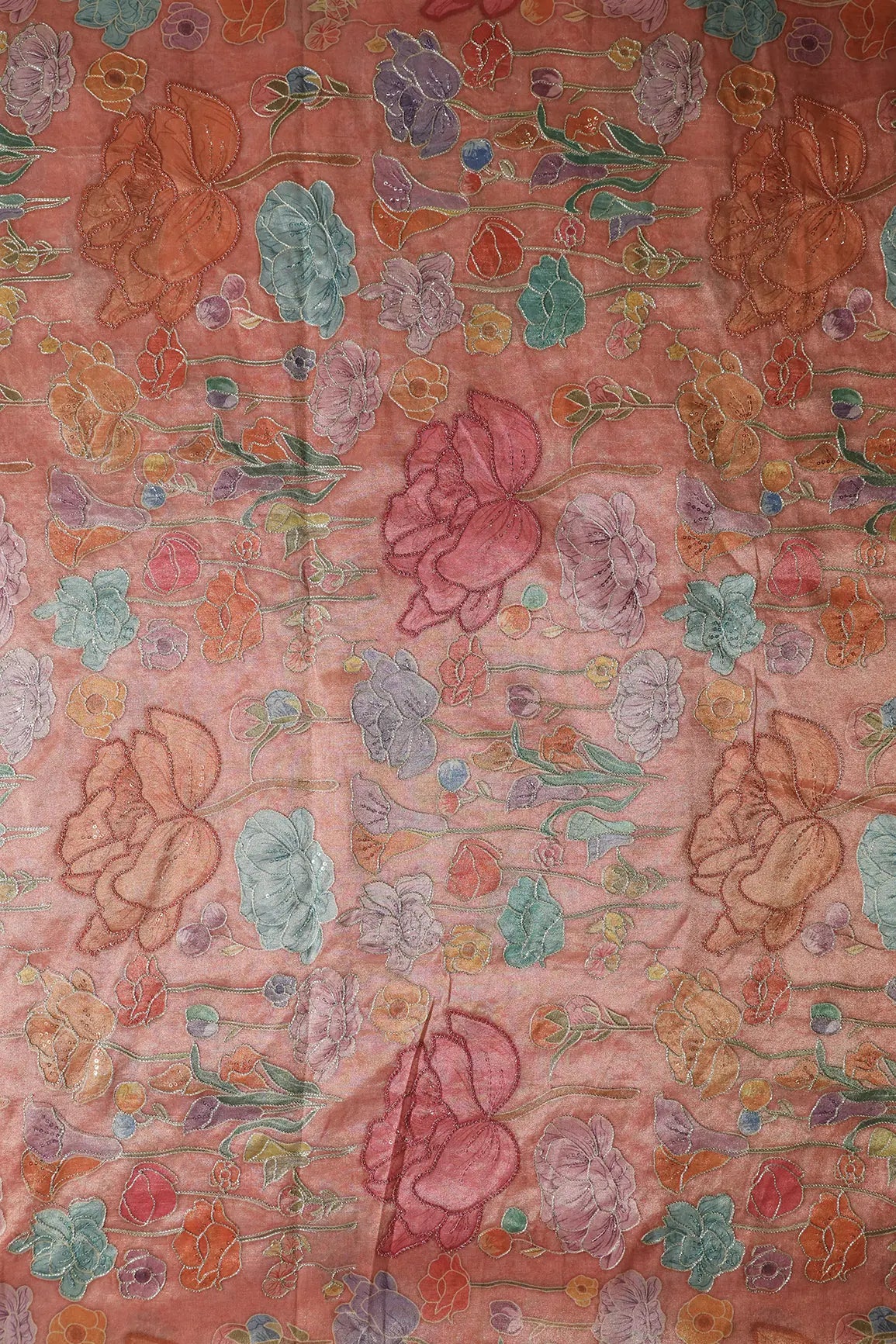 Floral Positional Print On Sequins With Zari Embroidery On Peach Zari Tissue Fabric