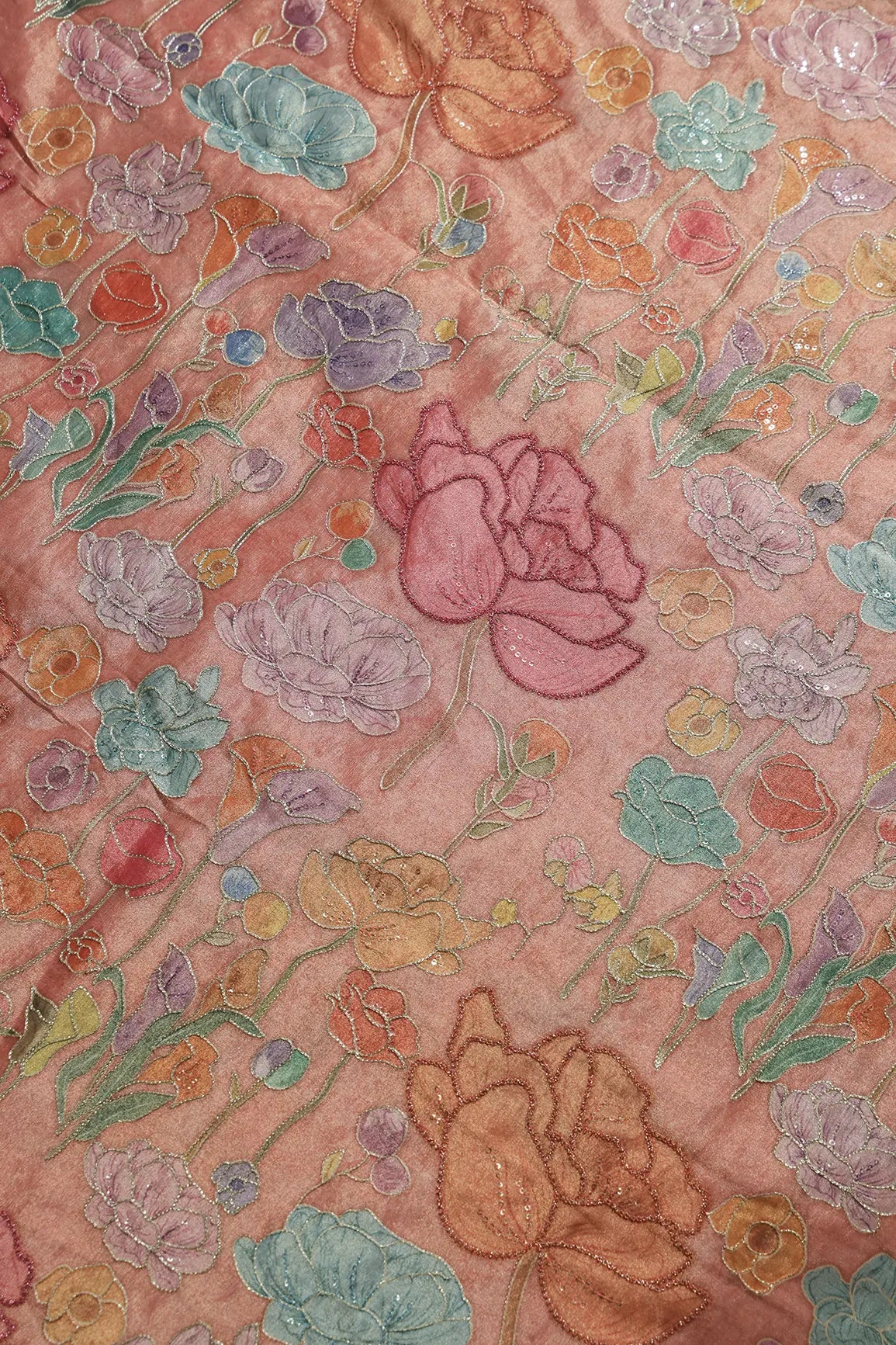 Floral Positional Print On Sequins With Zari Embroidery On Peach Zari Tissue Fabric