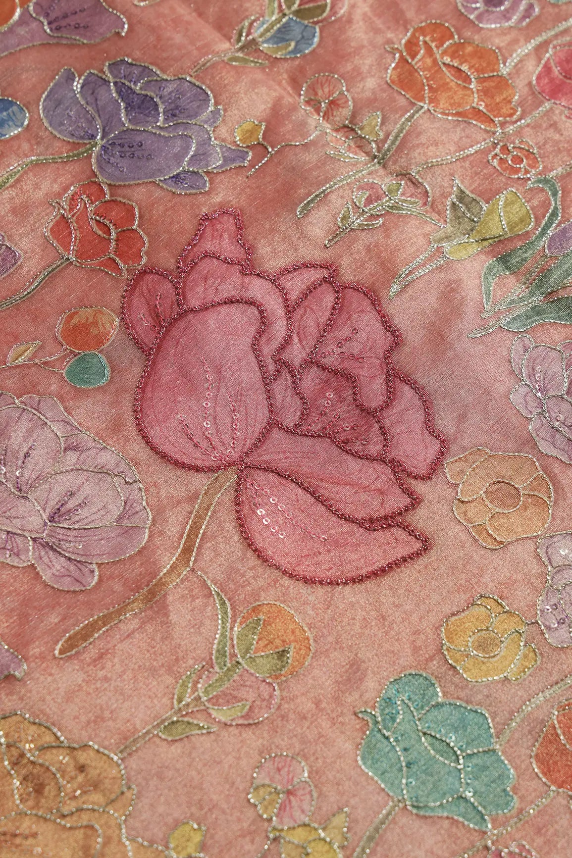 Floral Positional Print On Sequins With Zari Embroidery On Peach Zari Tissue Fabric