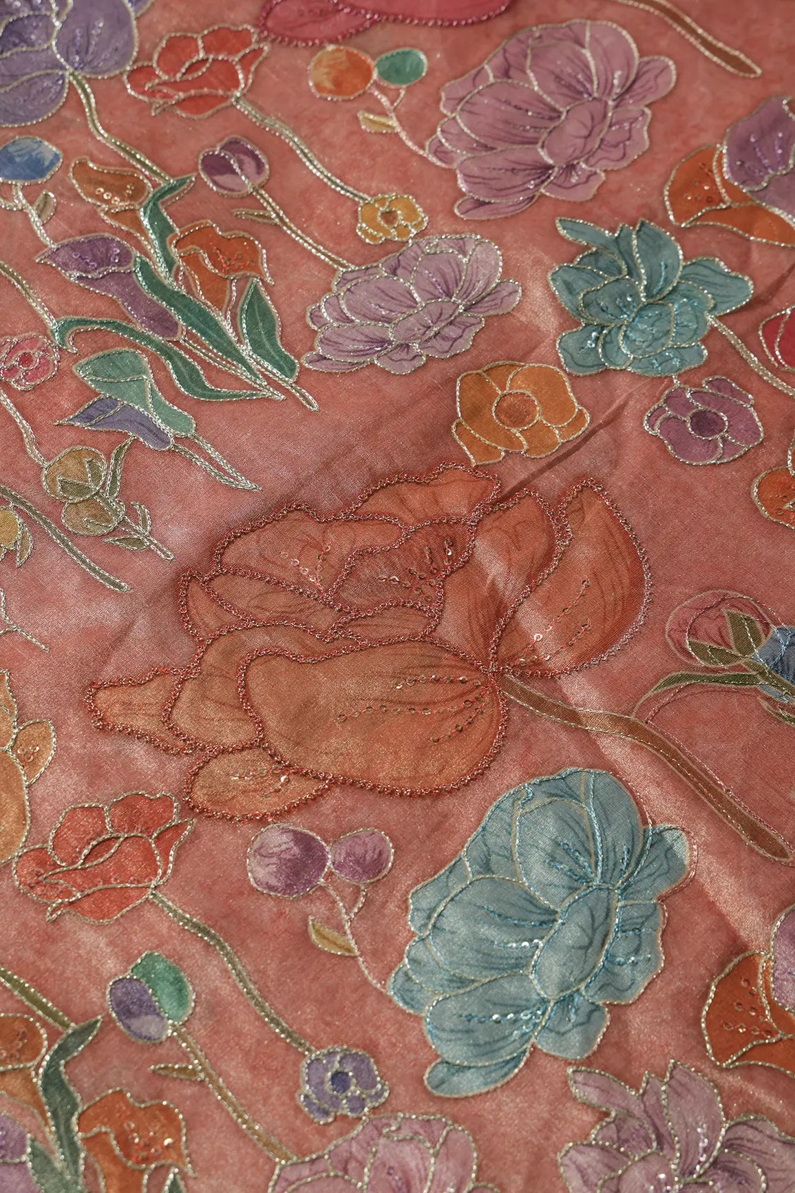 Floral Positional Print On Sequins With Zari Embroidery On Peach Zari Tissue Fabric