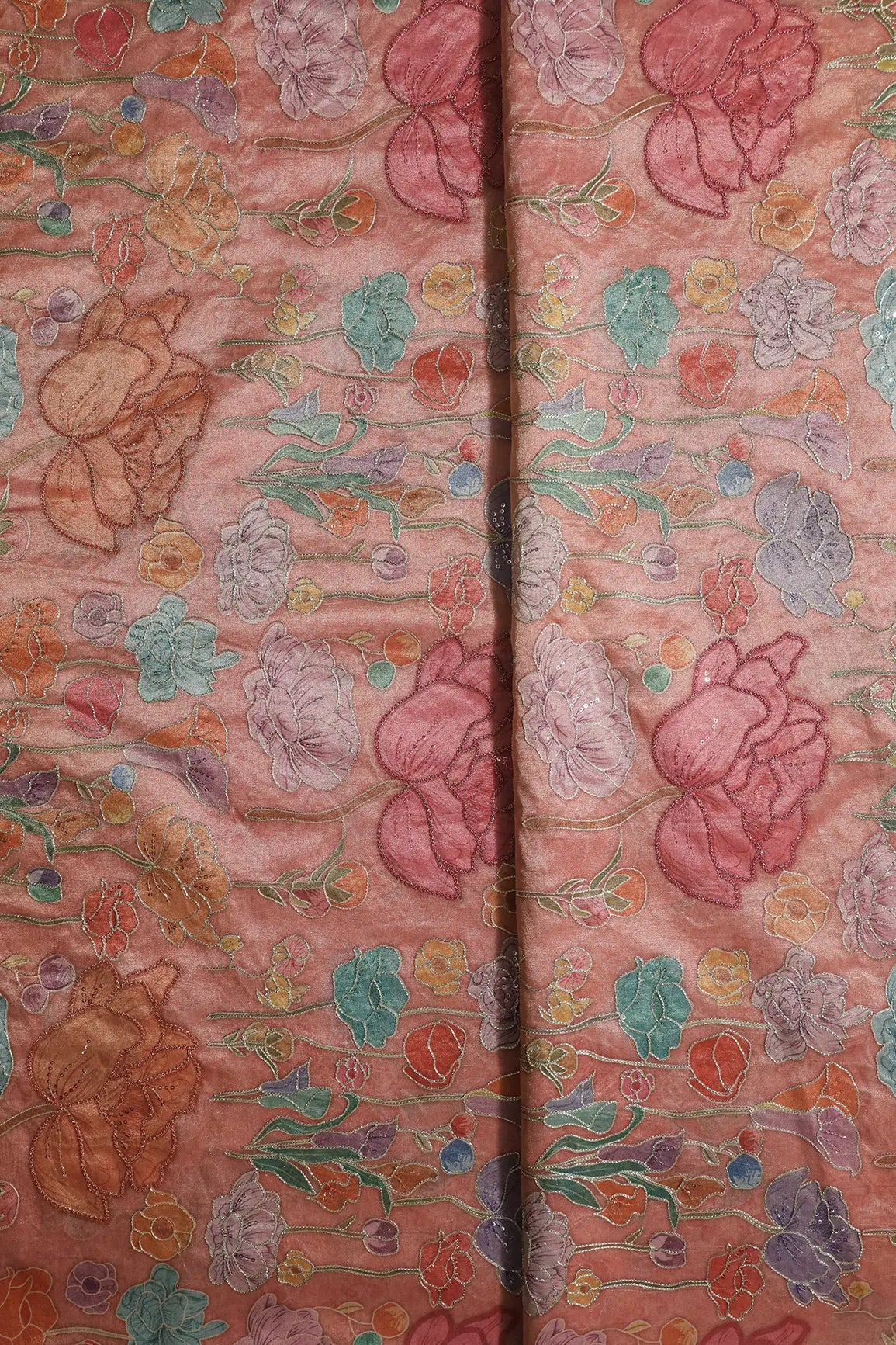 Floral Positional Print On Sequins With Zari Embroidery On Peach Zari Tissue Fabric
