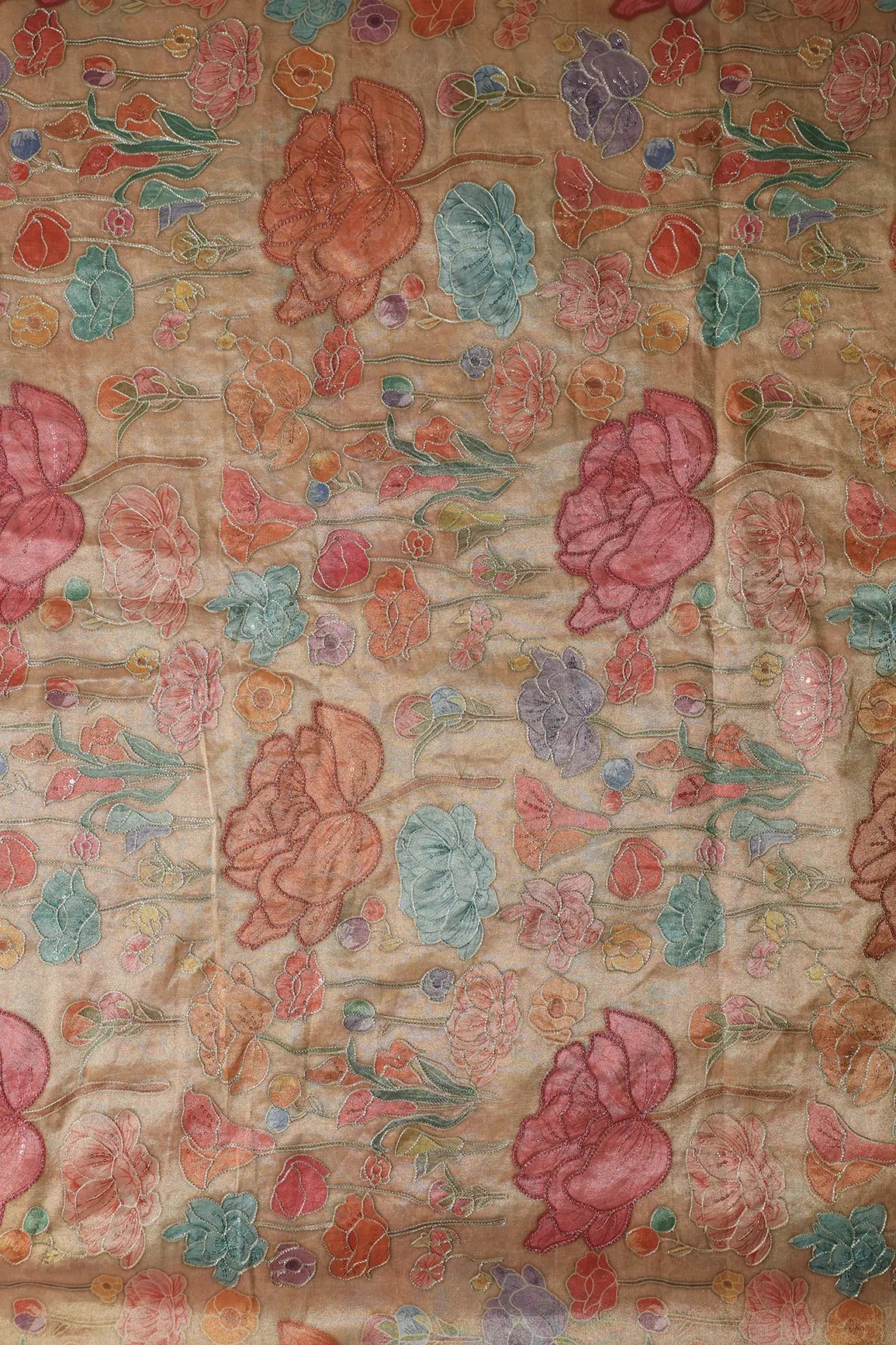 Floral Positional Print On Sequins With Zari Embroidery On Beige Zari Tissue Fabric