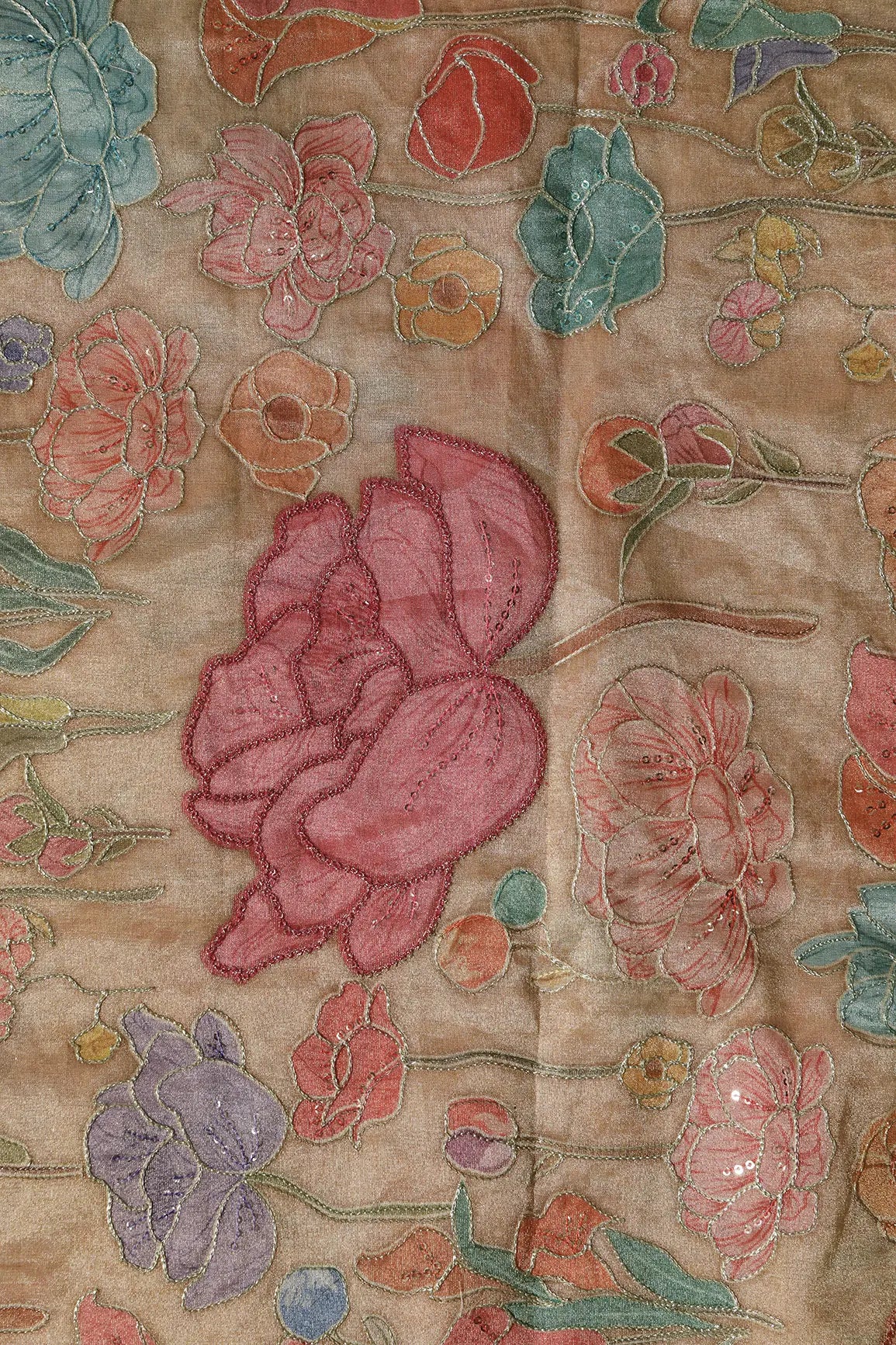 Floral Positional Print On Sequins With Zari Embroidery On Beige Zari Tissue Fabric
