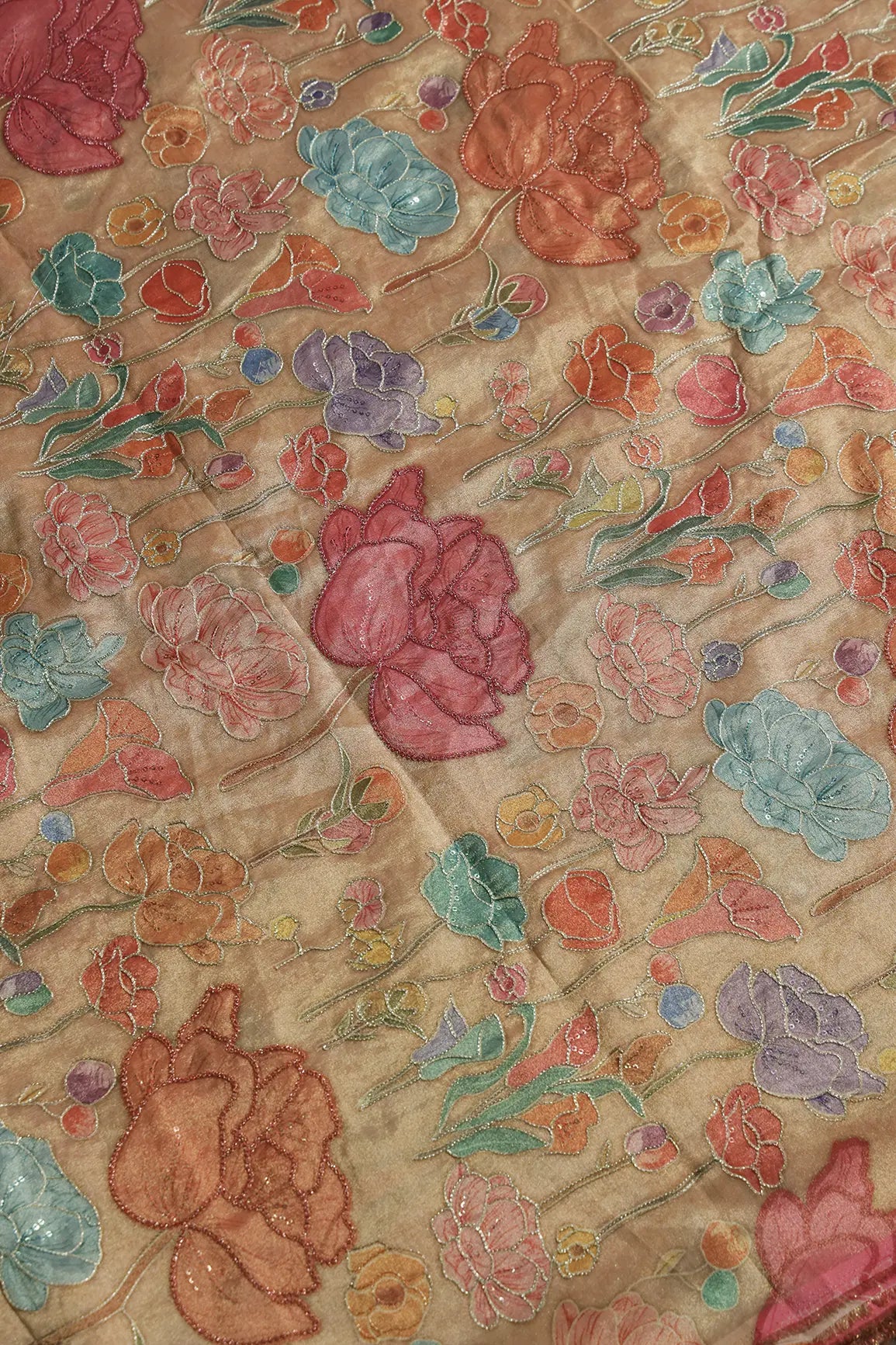 Floral Positional Print On Sequins With Zari Embroidery On Beige Zari Tissue Fabric