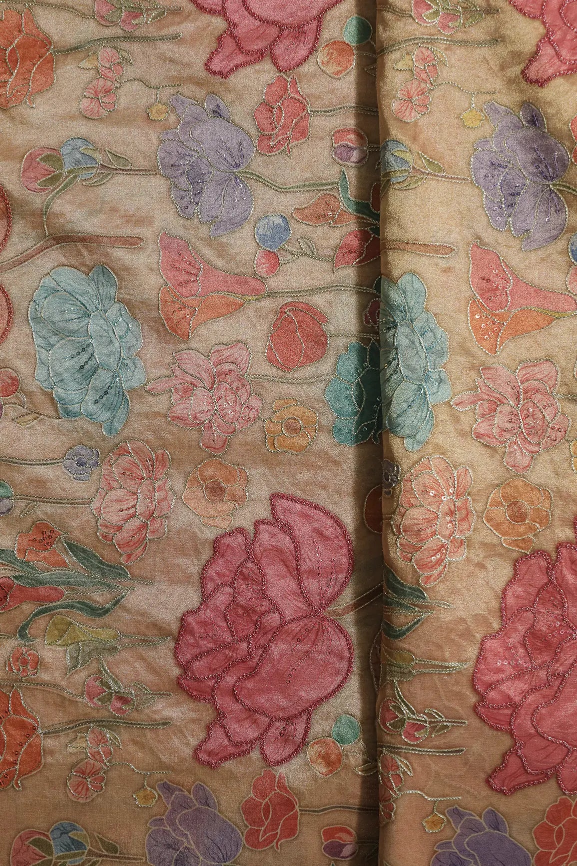 Floral Positional Print On Sequins With Zari Embroidery On Beige Zari Tissue Fabric