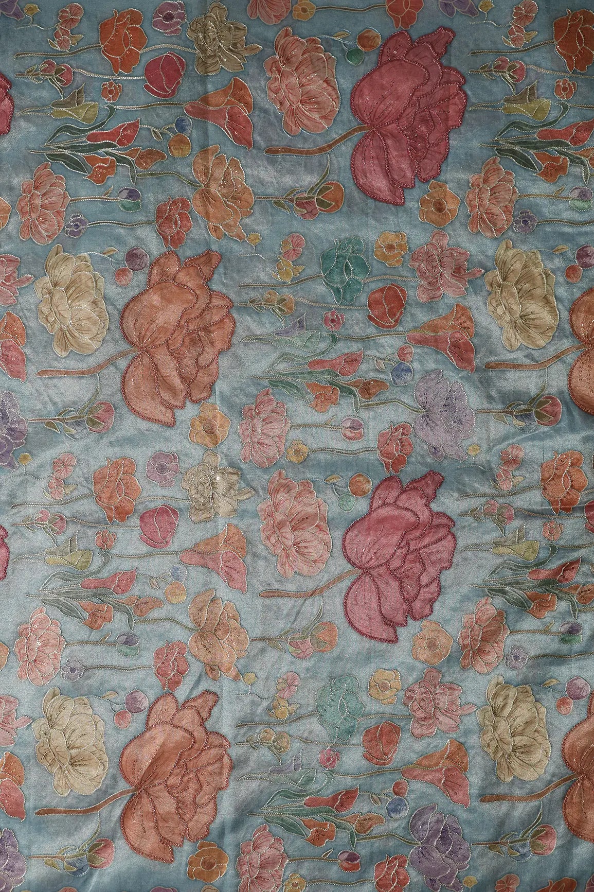 Floral Positional Print On Sequins With Zari Embroidery On Teal Zari Tissue Fabric