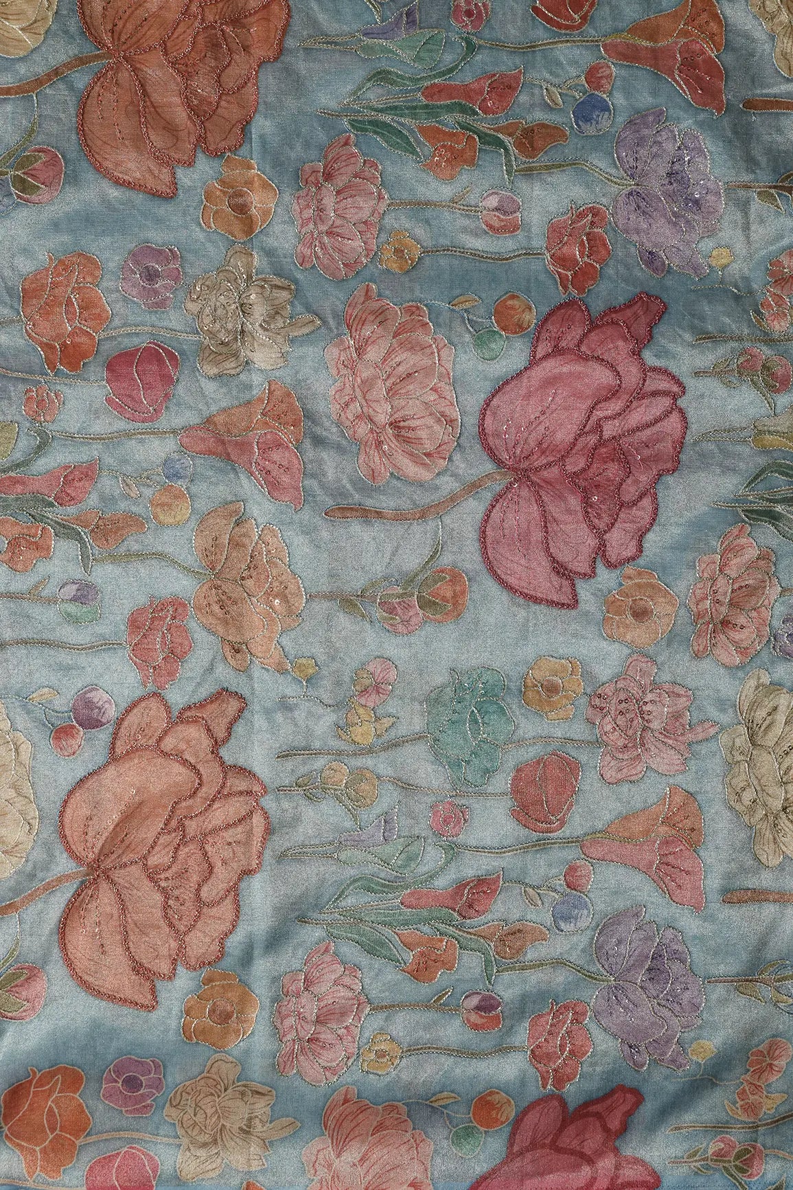 Floral Positional Print On Sequins With Zari Embroidery On Teal Zari Tissue Fabric