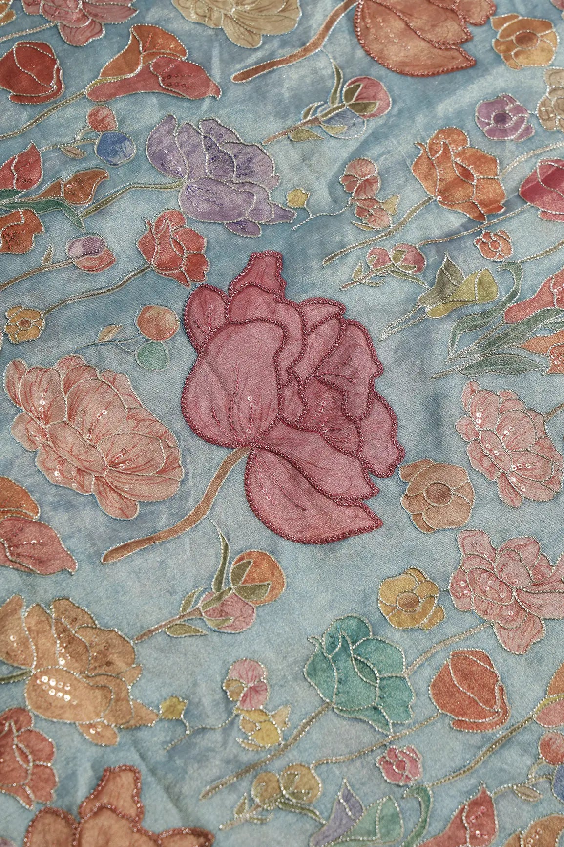 Floral Positional Print On Sequins With Zari Embroidery On Teal Zari Tissue Fabric