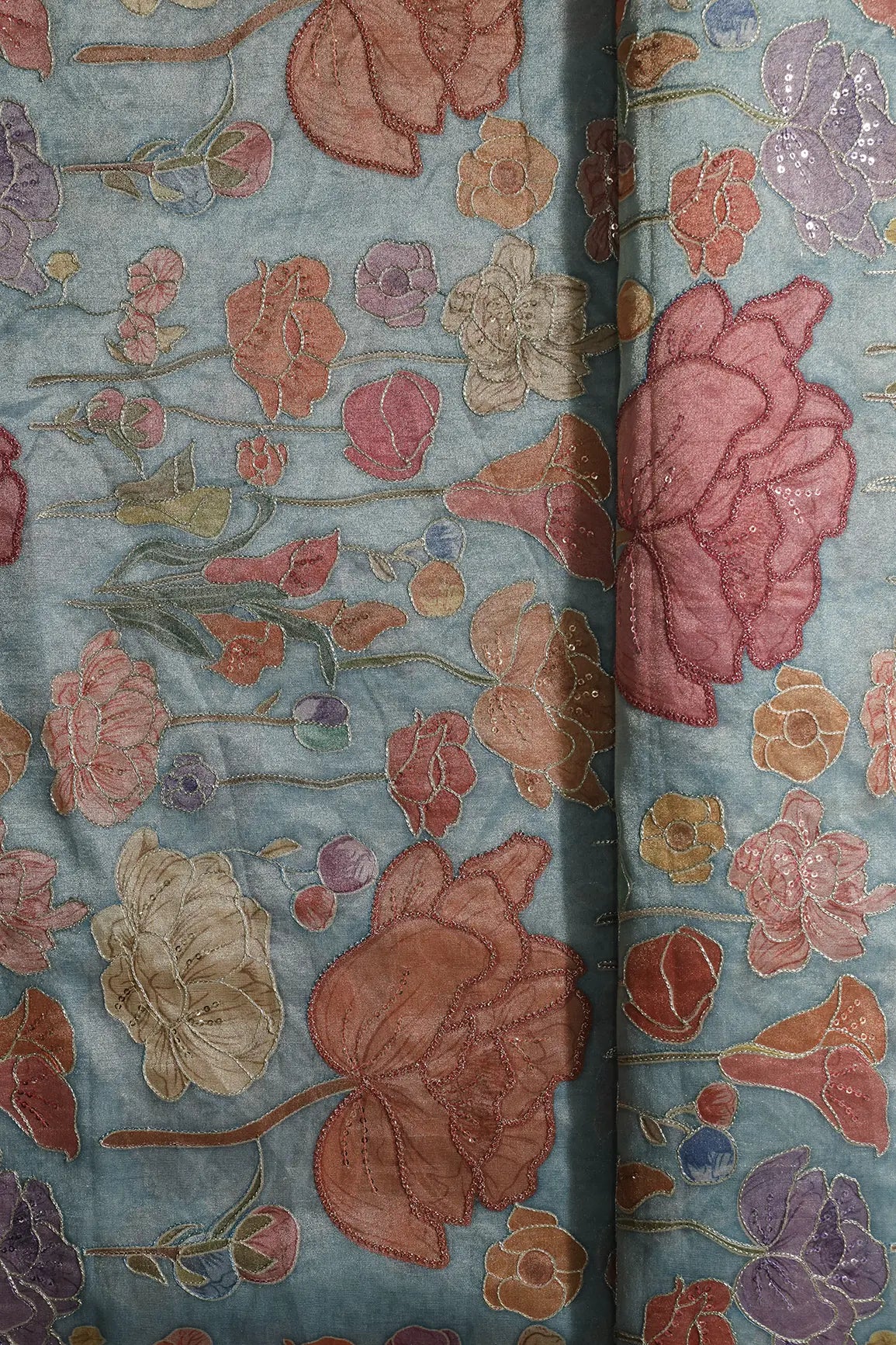 Floral Positional Print On Sequins With Zari Embroidery On Teal Zari Tissue Fabric