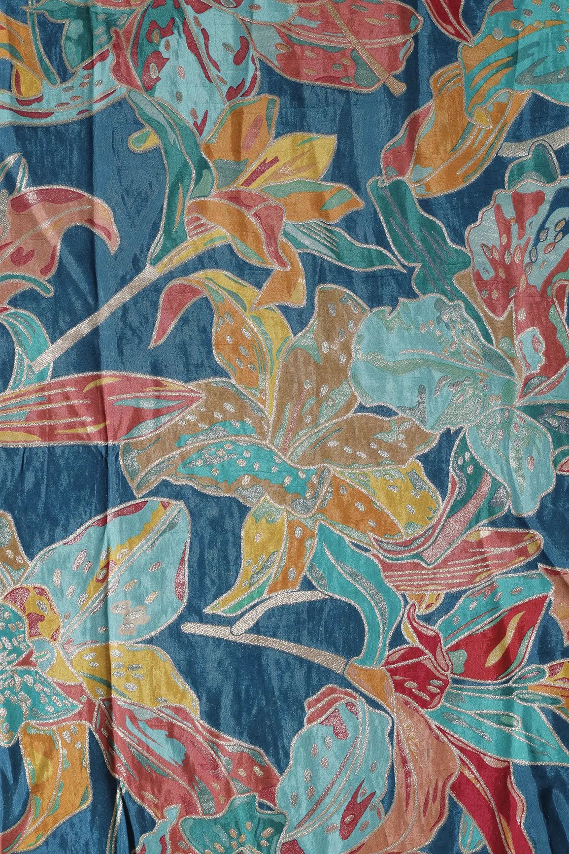 Positional Floral Zari Print On Rama Viscose Dola Silk Jacquard Fabric