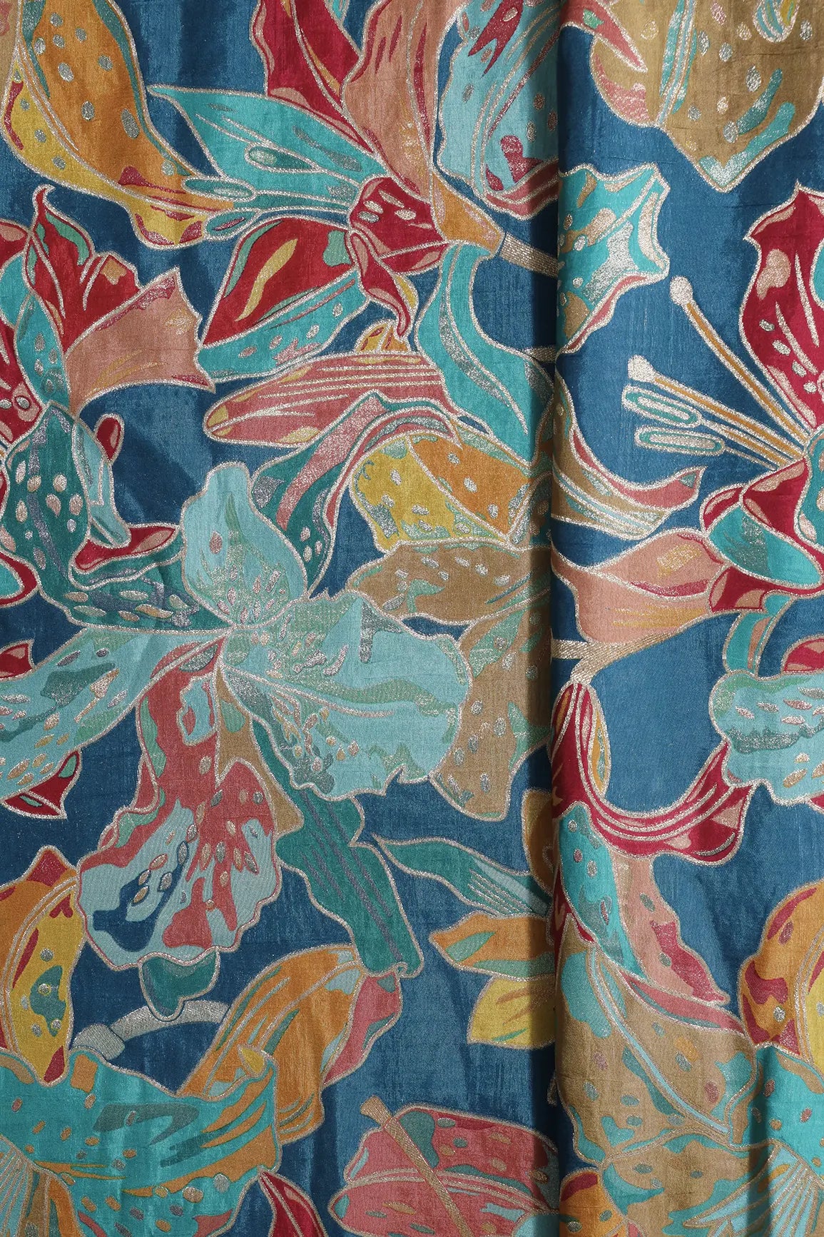 Positional Floral Zari Print On Rama Viscose Dola Silk Jacquard Fabric