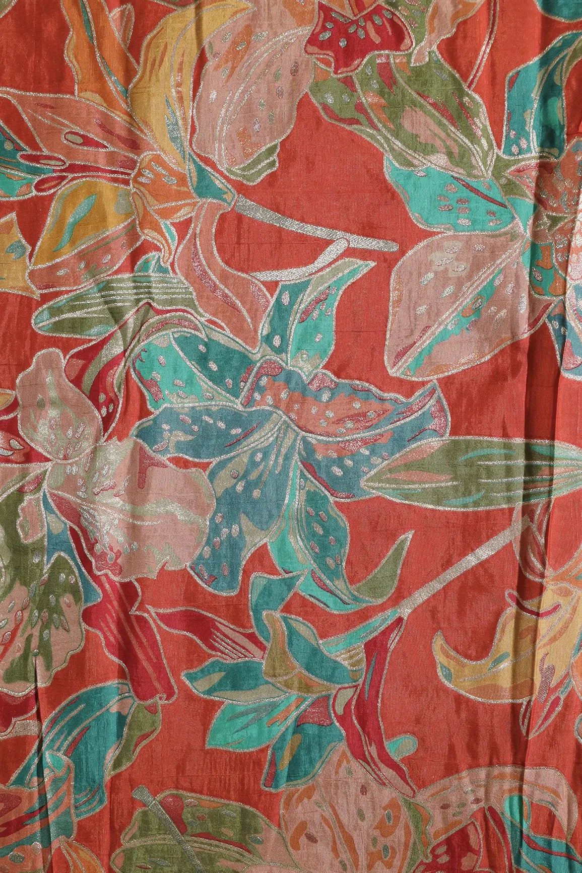 Positional Floral Zari Print On Rust Orange Viscose Dola Silk Jacquard Fabric