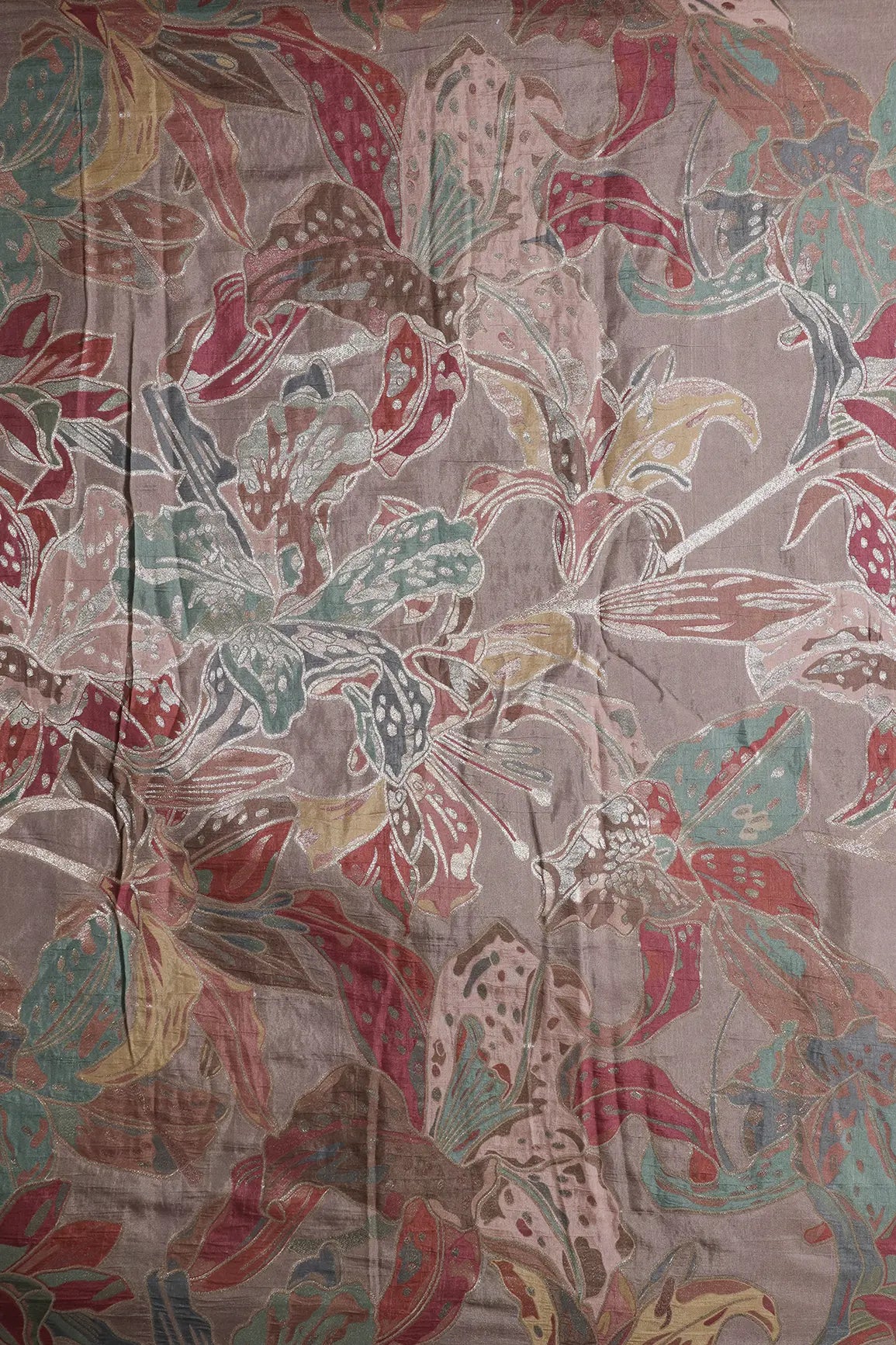 Positional Floral Zari Print On Mauve Viscose Dola Silk Jacquard Fabric
