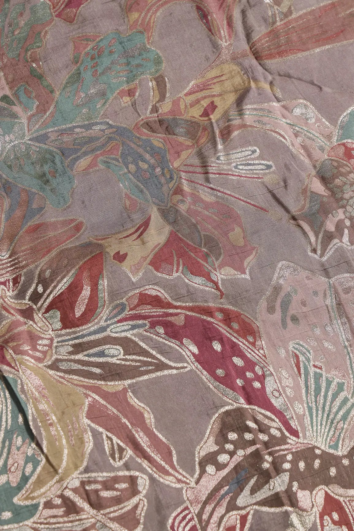 Positional Floral Zari Print On Mauve Viscose Dola Silk Jacquard Fabric