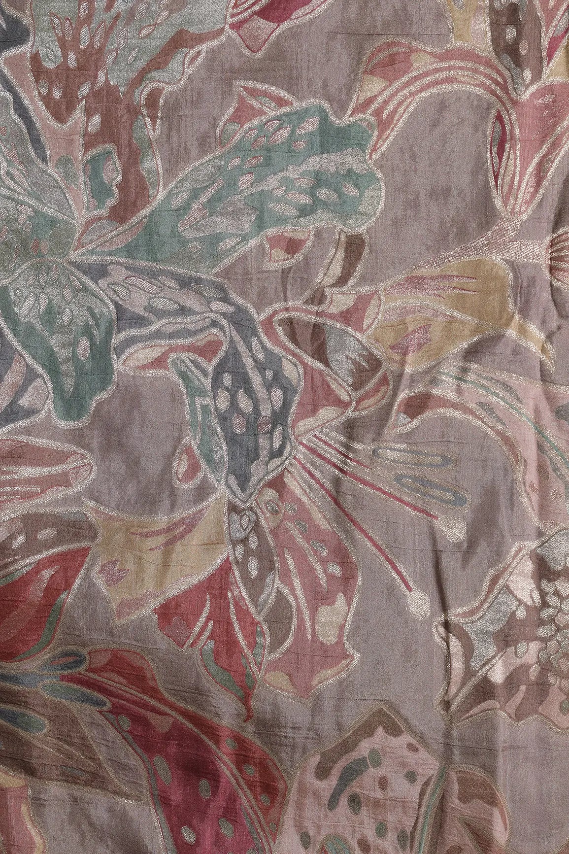 Positional Floral Zari Print On Mauve Viscose Dola Silk Jacquard Fabric