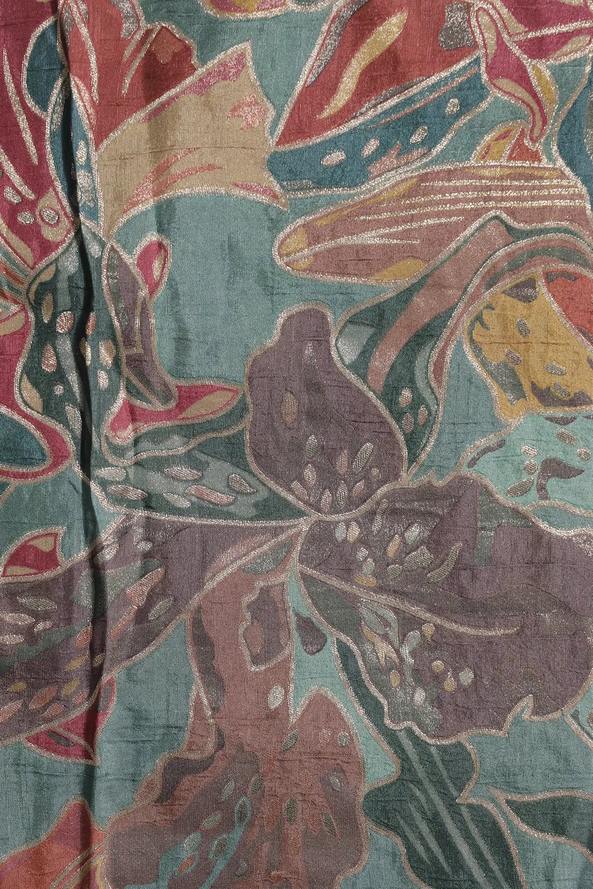 Positional Floral Zari Print On Teal Viscose Dola Silk Jacquard Fabric
