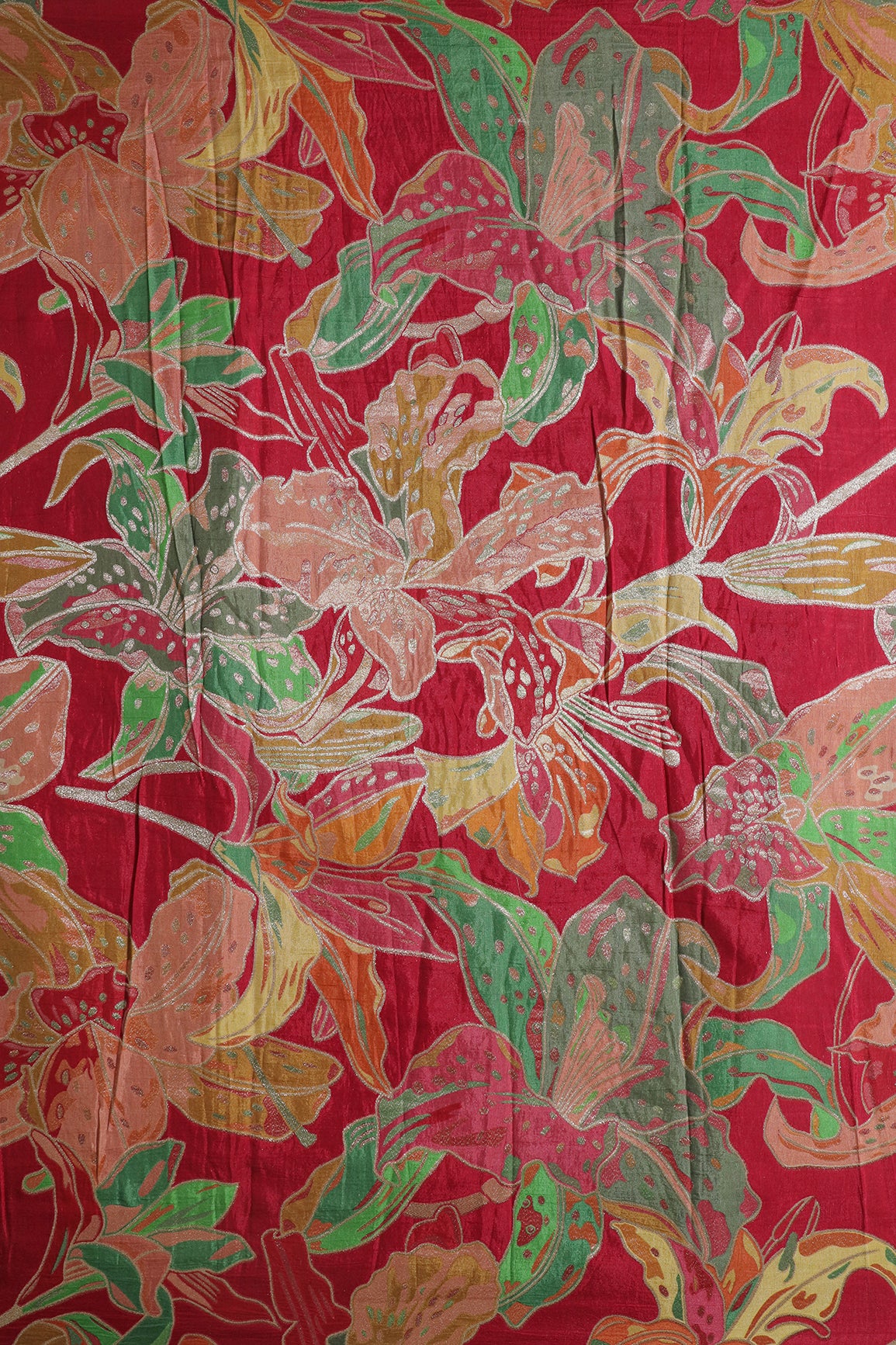 Positional Floral Zari Print On Fuchsia Viscose Dola Silk Jacquard Fabric