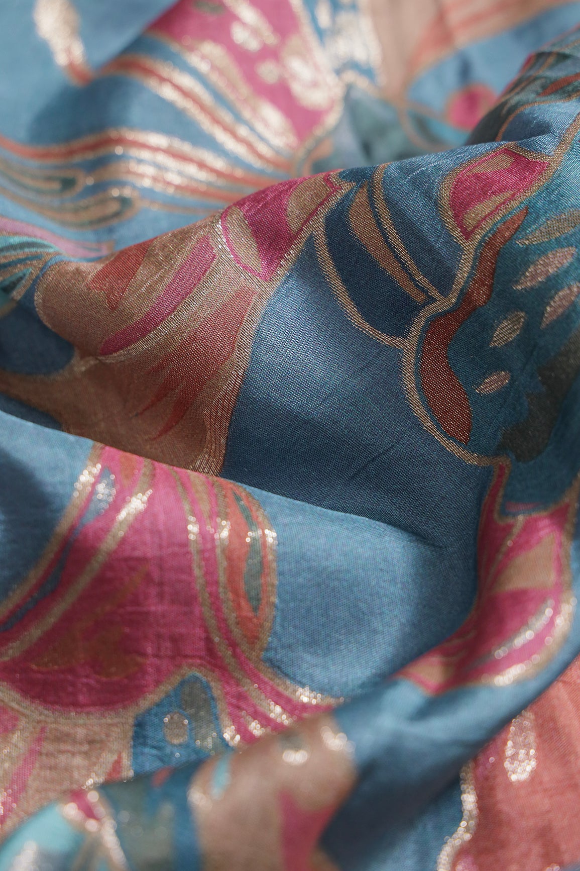 Positional Floral Zari Print On Pastel Blue Viscose Dola Silk Jacquard Fabric