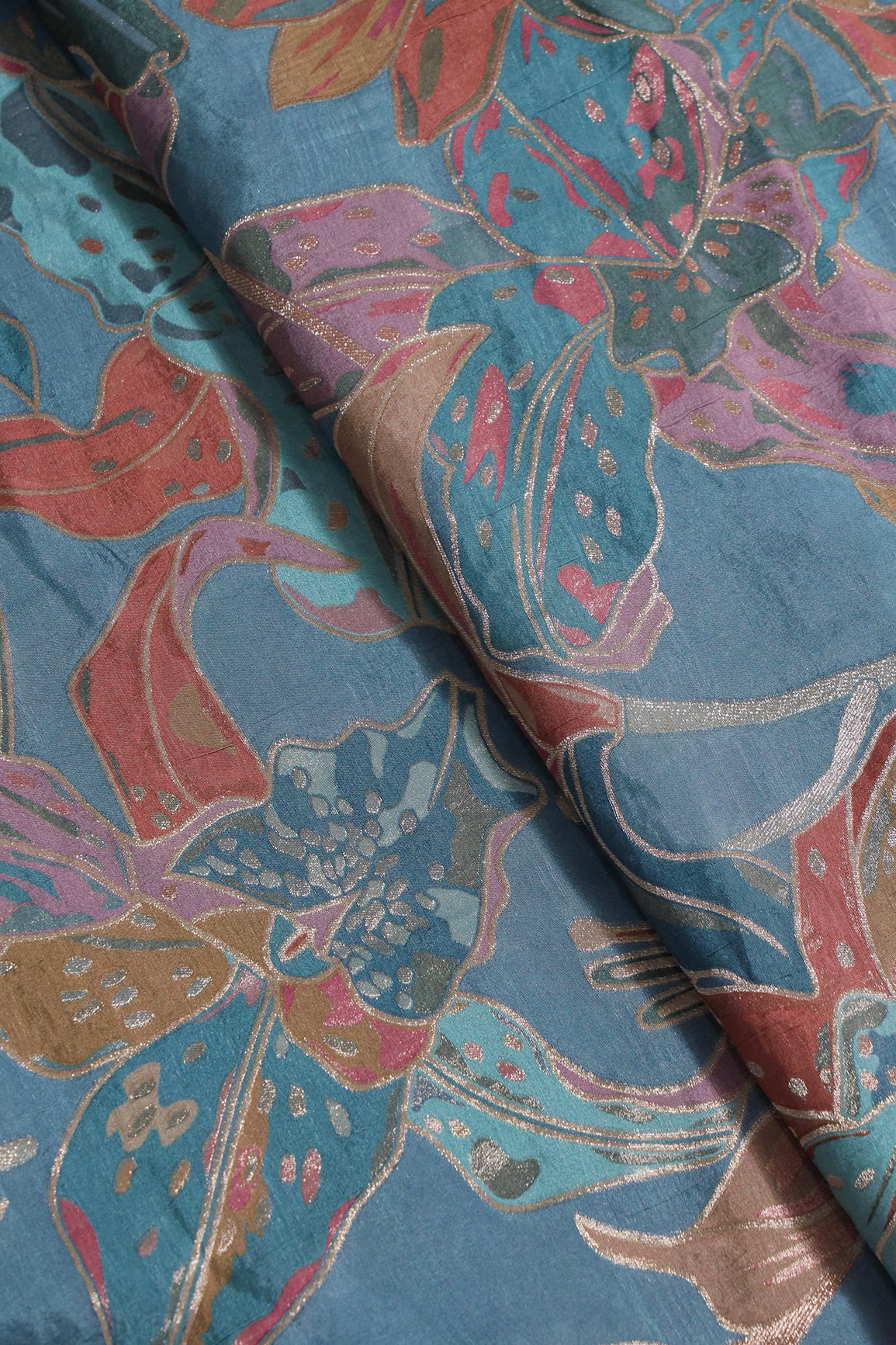 Positional Floral Zari Print On Pastel Blue Viscose Dola Silk Jacquard Fabric