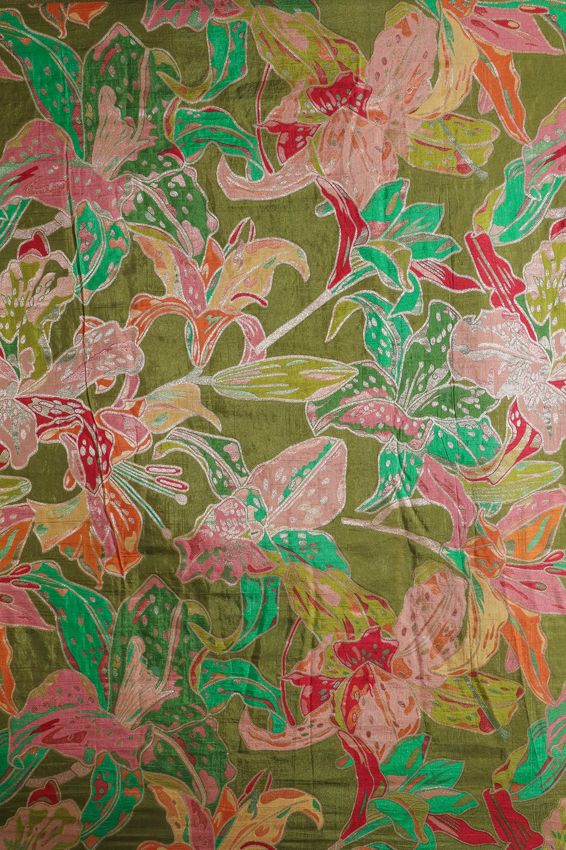 Positional Floral Zari Print On Mehendi Green Viscose Dola Silk Jacquard Fabric