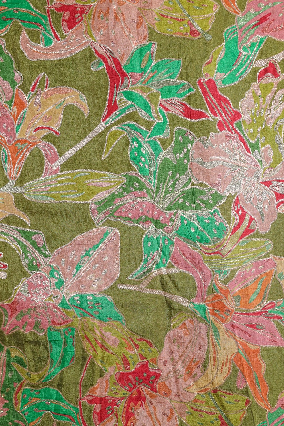 Positional Floral Zari Print On Mehendi Green Viscose Dola Silk Jacquard Fabric