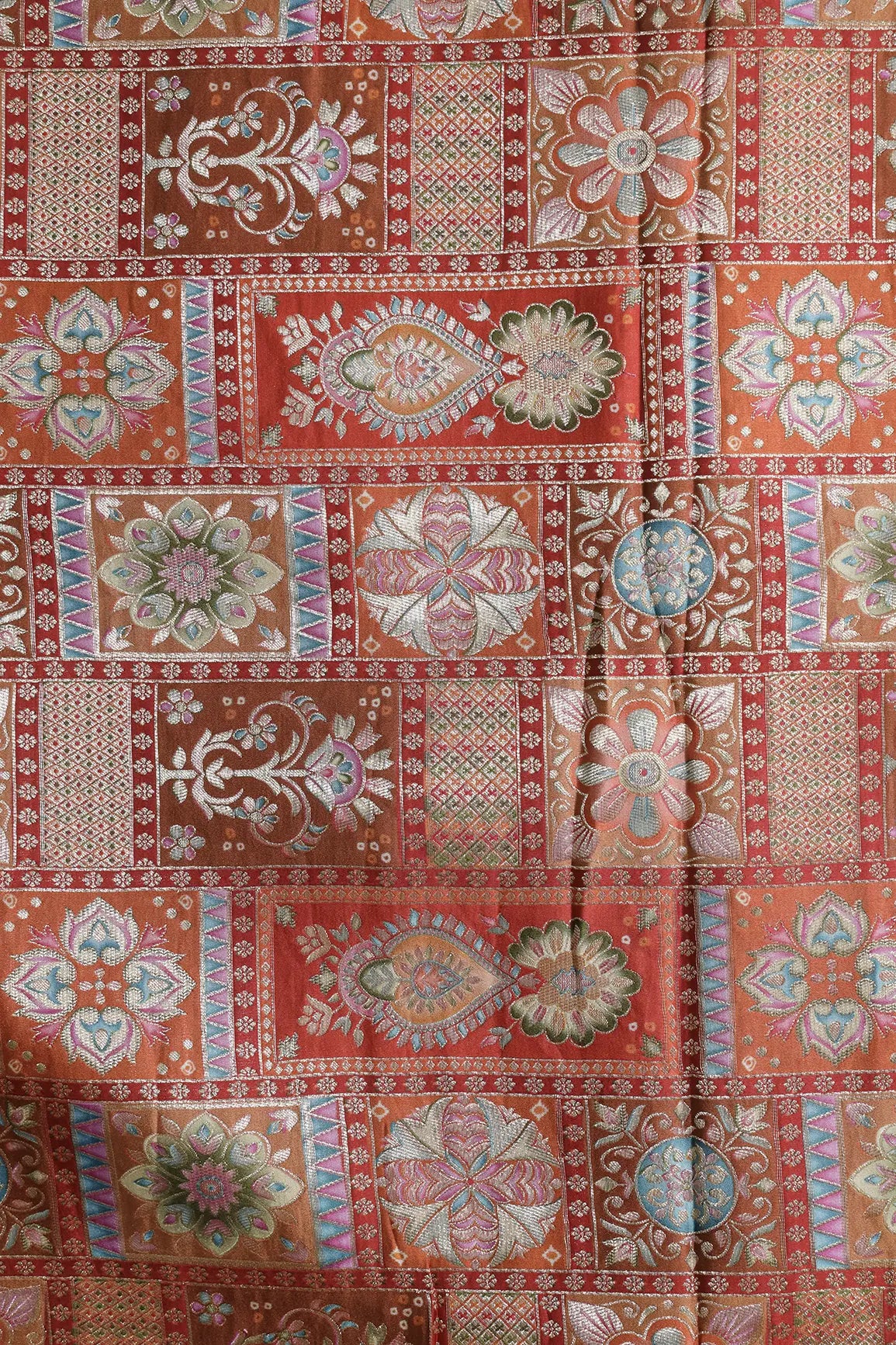 Positional Floral Zari Print On Orange Viscose Dola Silk Jacquard Fabric