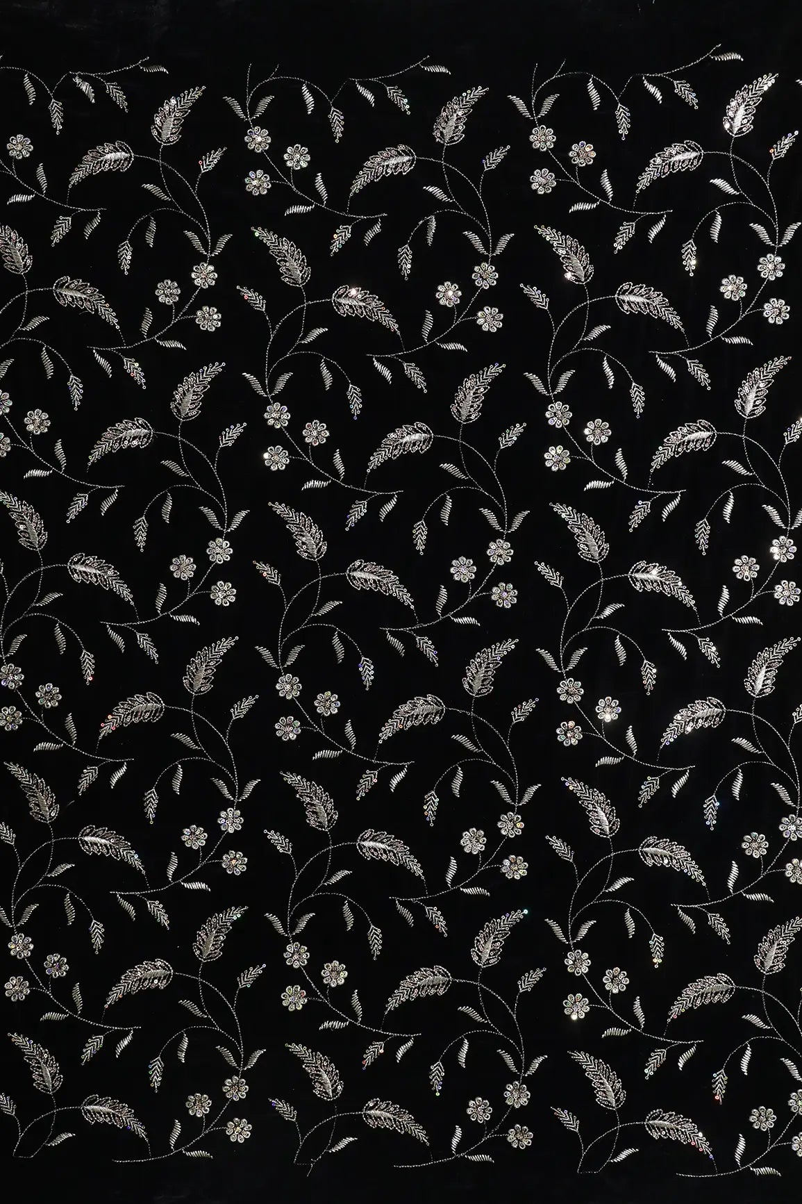 Gold Sequins With Gold Zari Floral Leafy Embroidery Work On Black Velvet Fabric