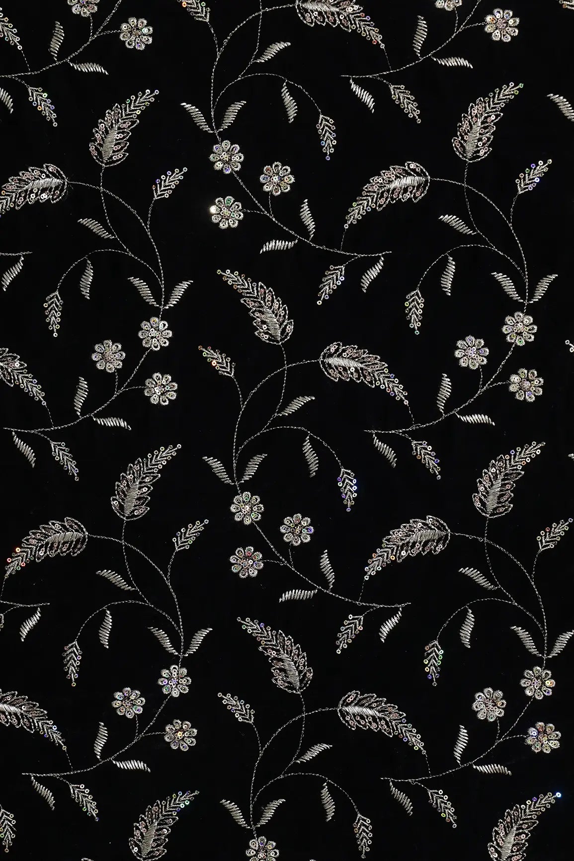 Gold Sequins With Gold Zari Floral Leafy Embroidery Work On Black Velvet Fabric
