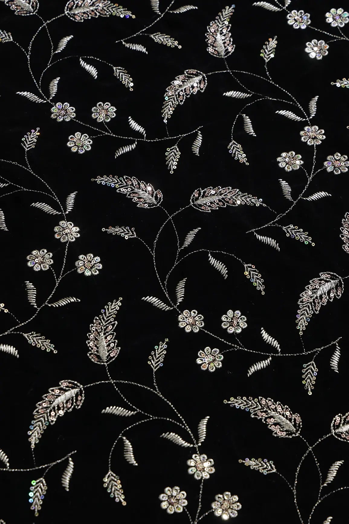 Gold Sequins With Gold Zari Floral Leafy Embroidery Work On Black Velvet Fabric