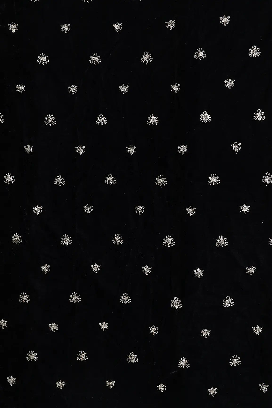 Gold Sequins With Gold Zari Small Floral Motif Embroidery Work On Black Velvet Fabric