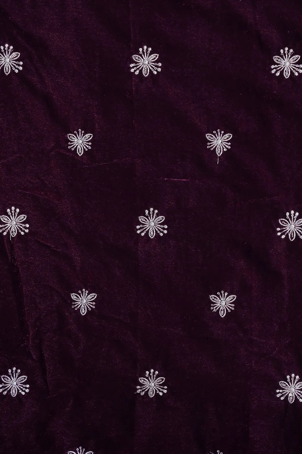 Gold Sequins With Gold Zari Small Floral Motif Embroidery Work On Wine Velvet Fabric